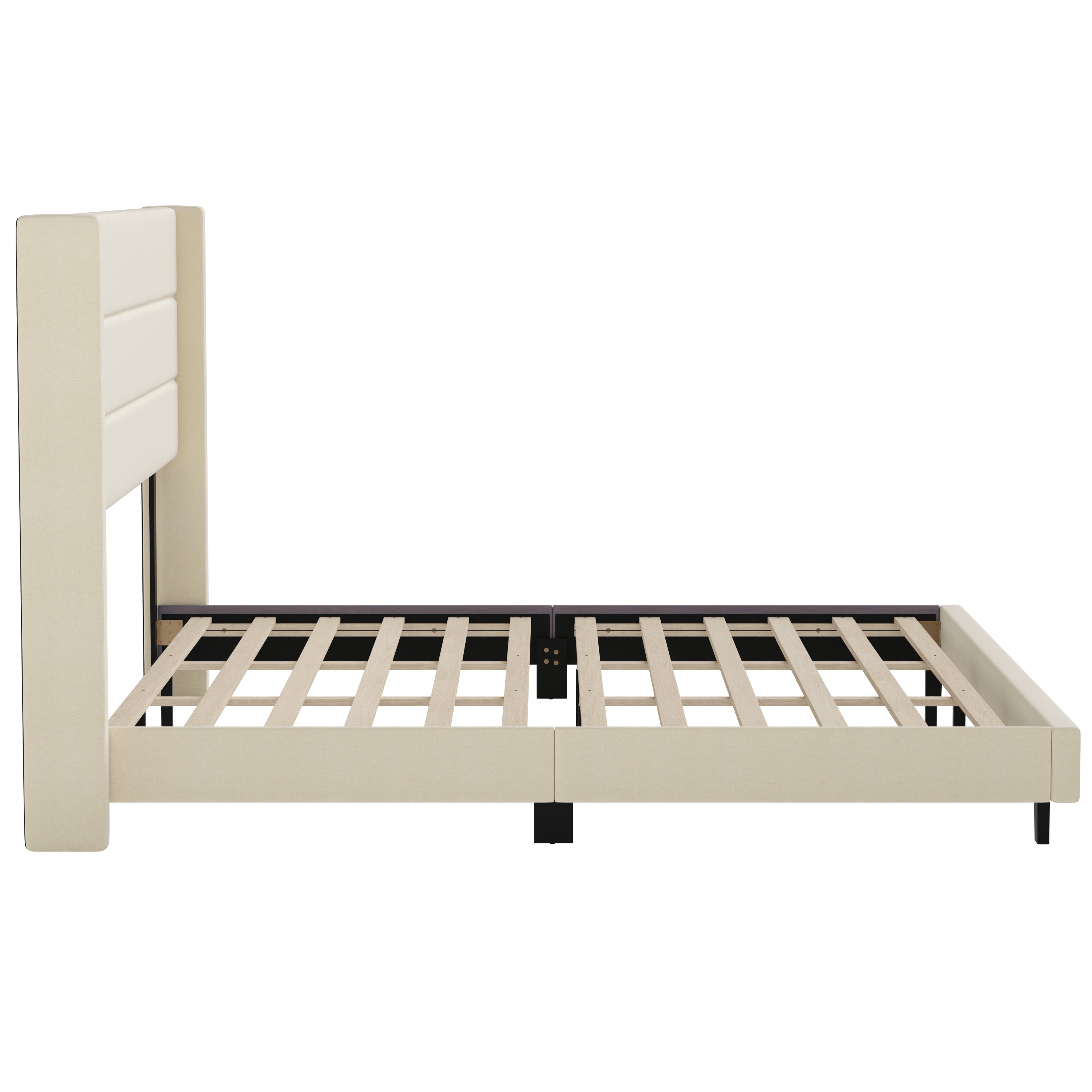 Hollis King Upholstered Platform Bed with Wingback Headboard, Mattress Foundation with Slatted Supports, No Box Spring Needed, Beige Faux Linen