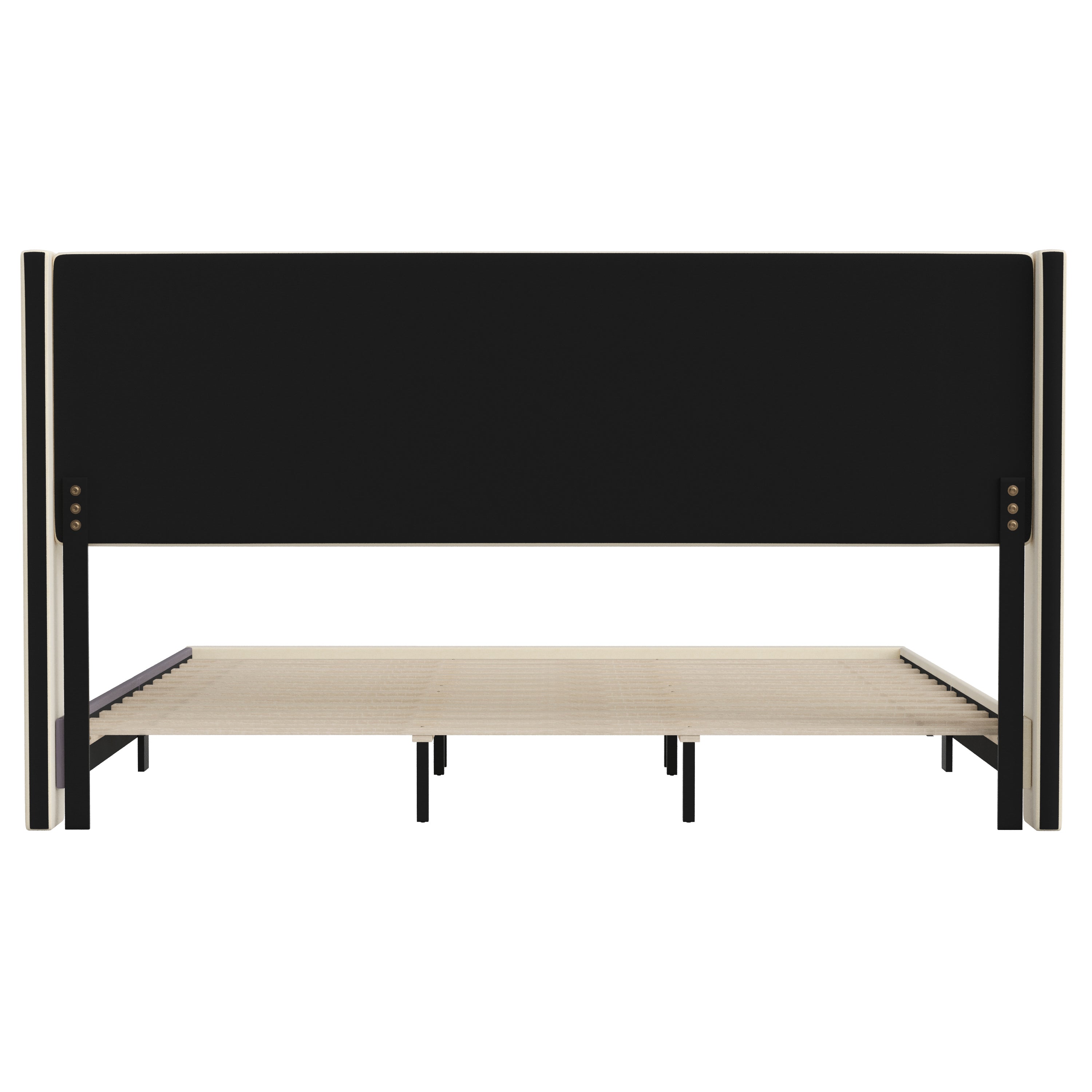 Hollis King Upholstered Platform Bed with Wingback Headboard, Mattress Foundation with Slatted Supports, No Box Spring Needed, Beige Faux Linen