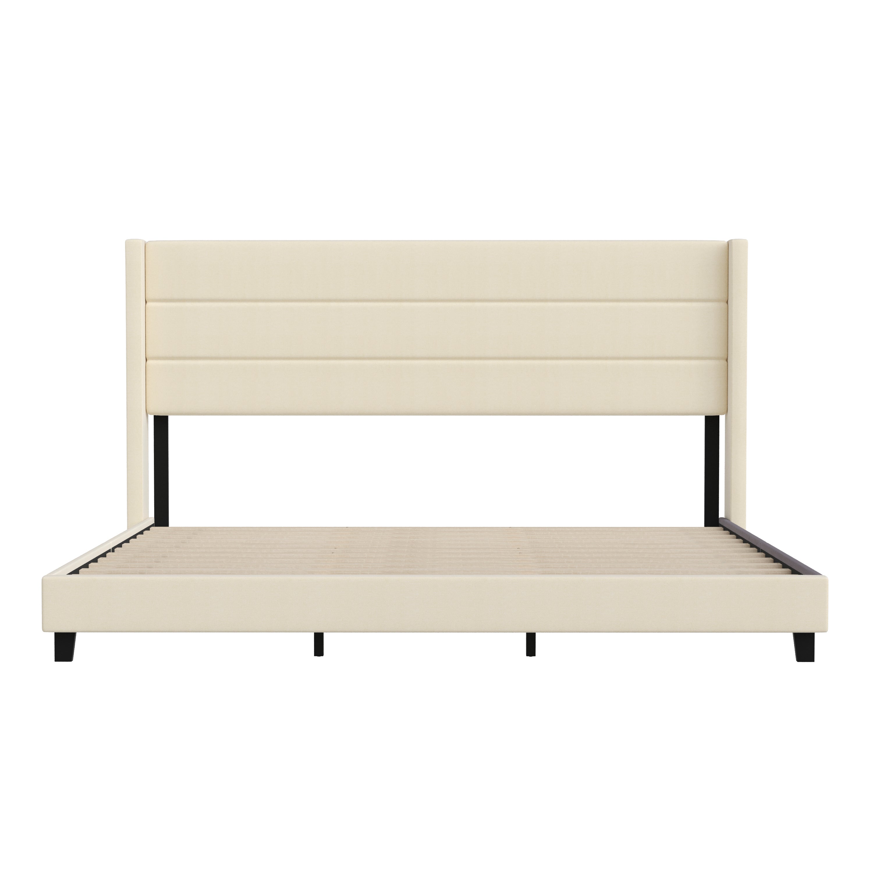 Hollis King Upholstered Platform Bed with Wingback Headboard, Mattress Foundation with Slatted Supports, No Box Spring Needed, Beige Faux Linen
