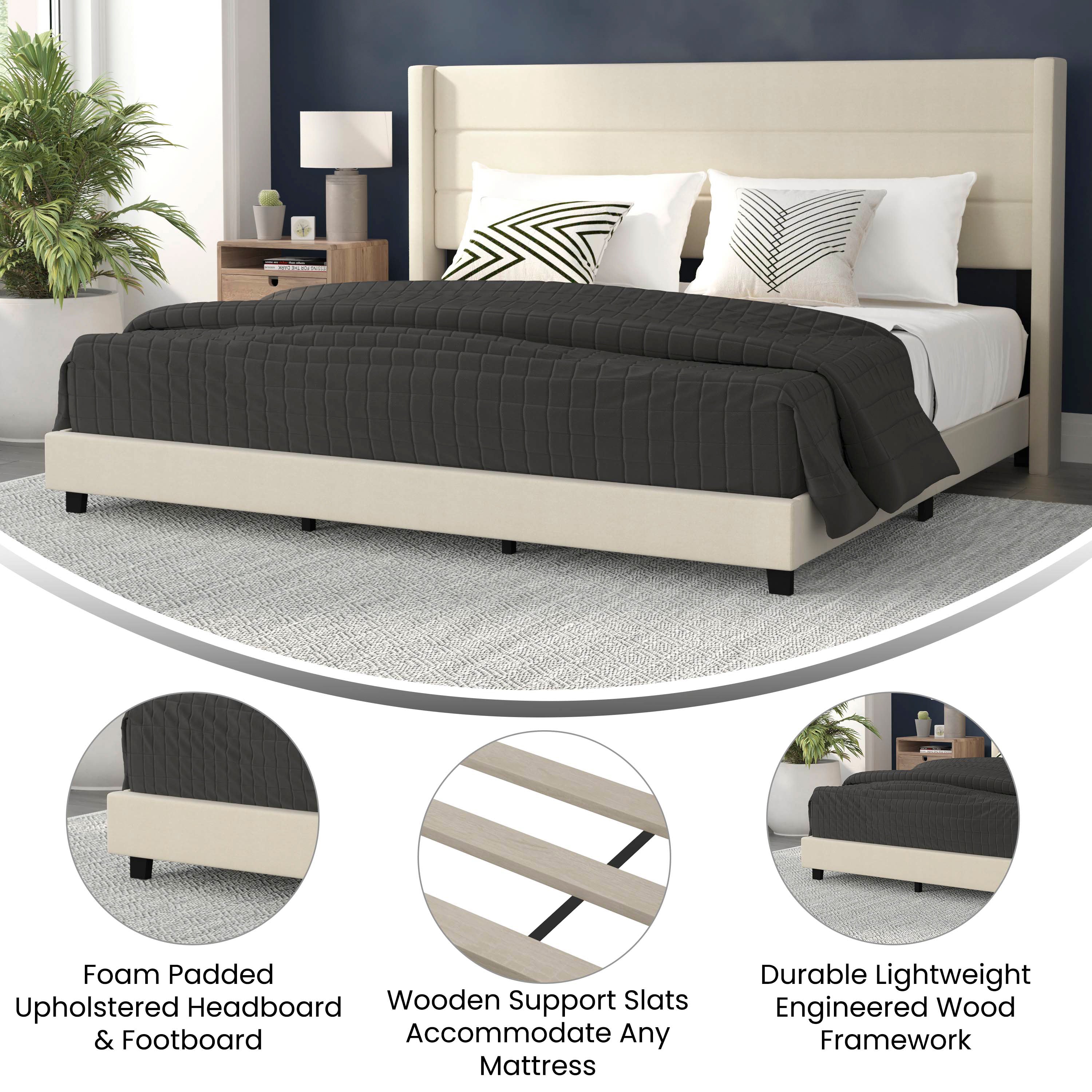 Hollis King Upholstered Platform Bed with Wingback Headboard, Mattress Foundation with Slatted Supports, No Box Spring Needed, Beige Faux Linen