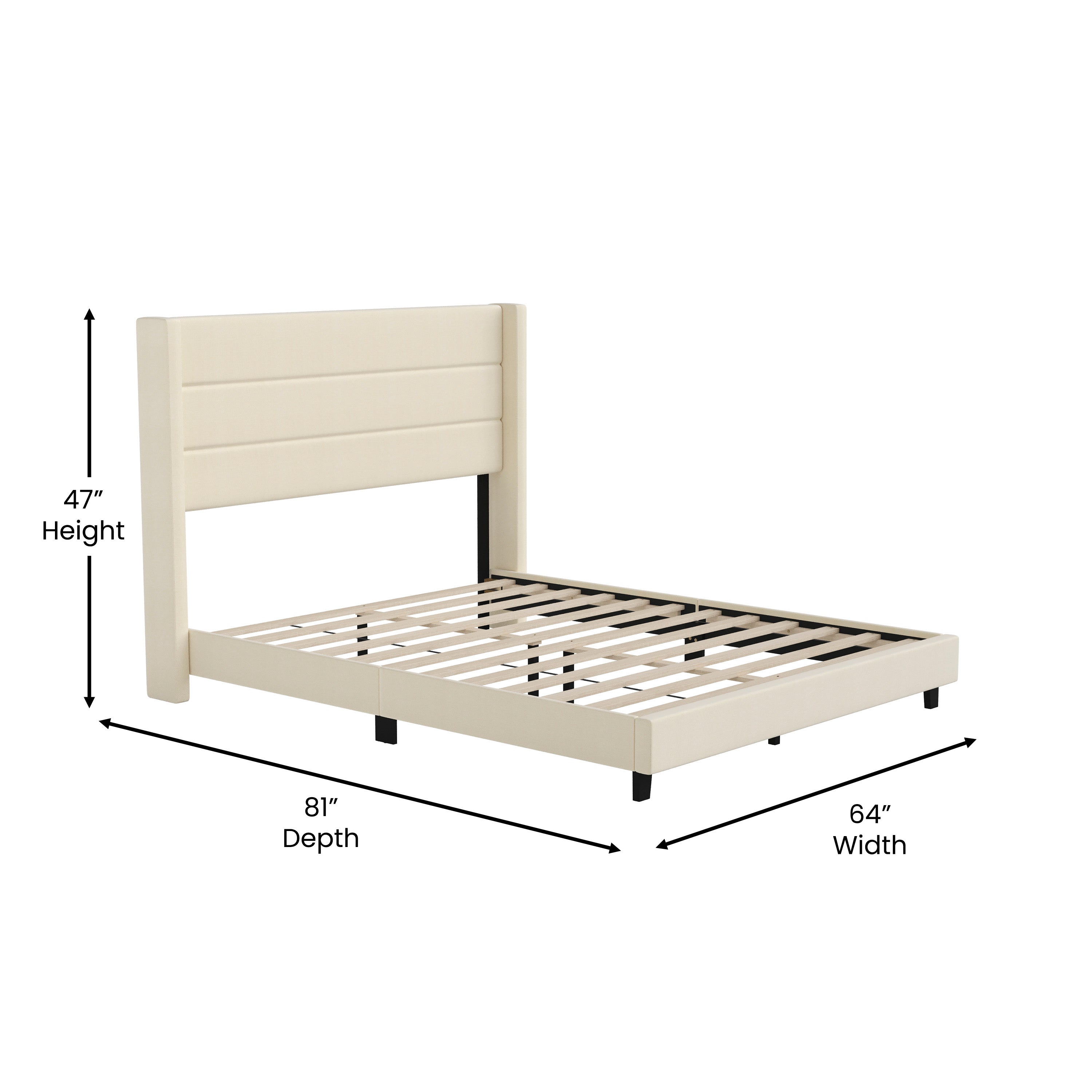 Hollis Queen Upholstered Platform Bed with Wingback Headboard, Mattress Foundation with Slatted Supports, No Box Spring Needed, Beige Faux Linen