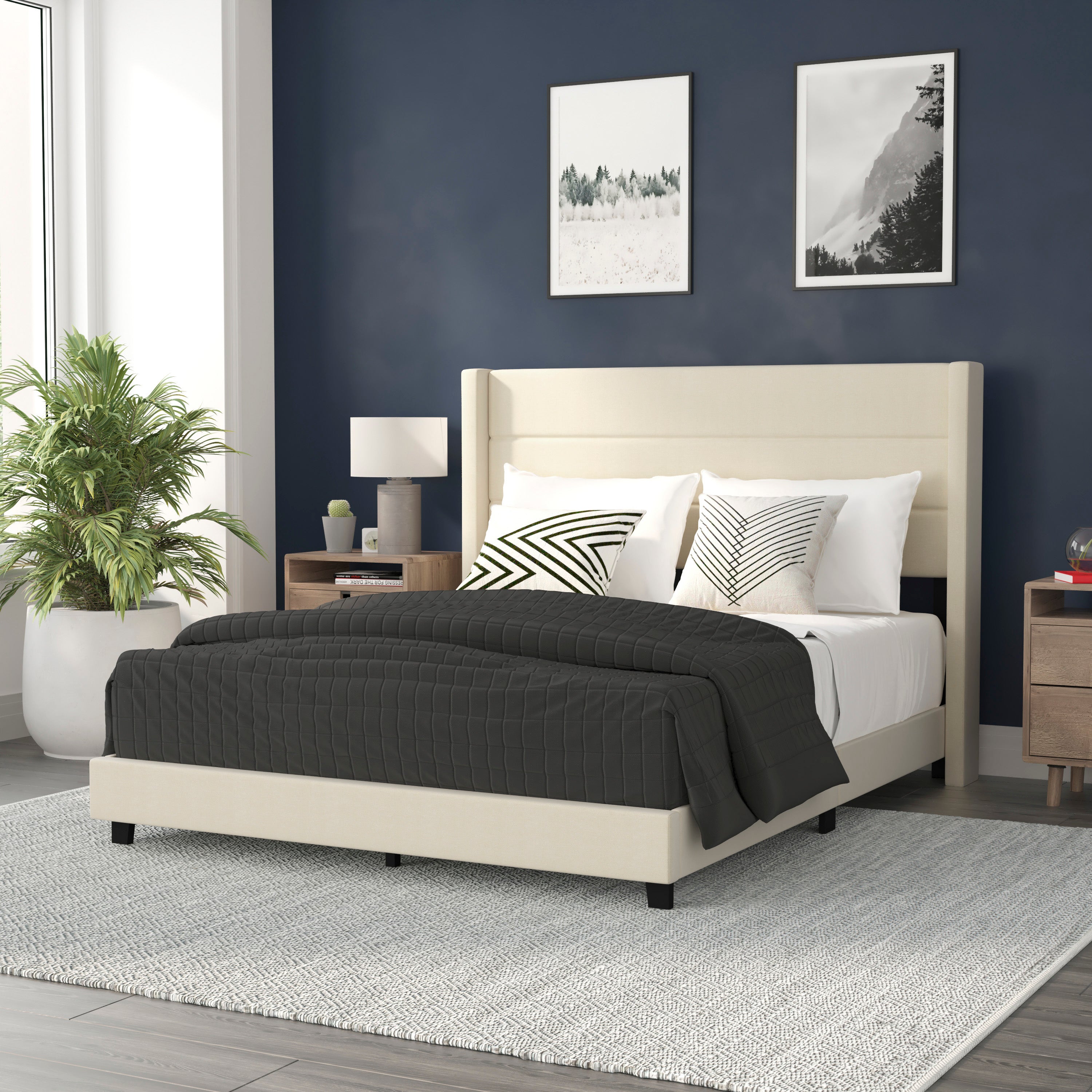 Hollis Queen Upholstered Platform Bed with Wingback Headboard, Mattress Foundation with Slatted Supports, No Box Spring Needed, Beige Faux Linen