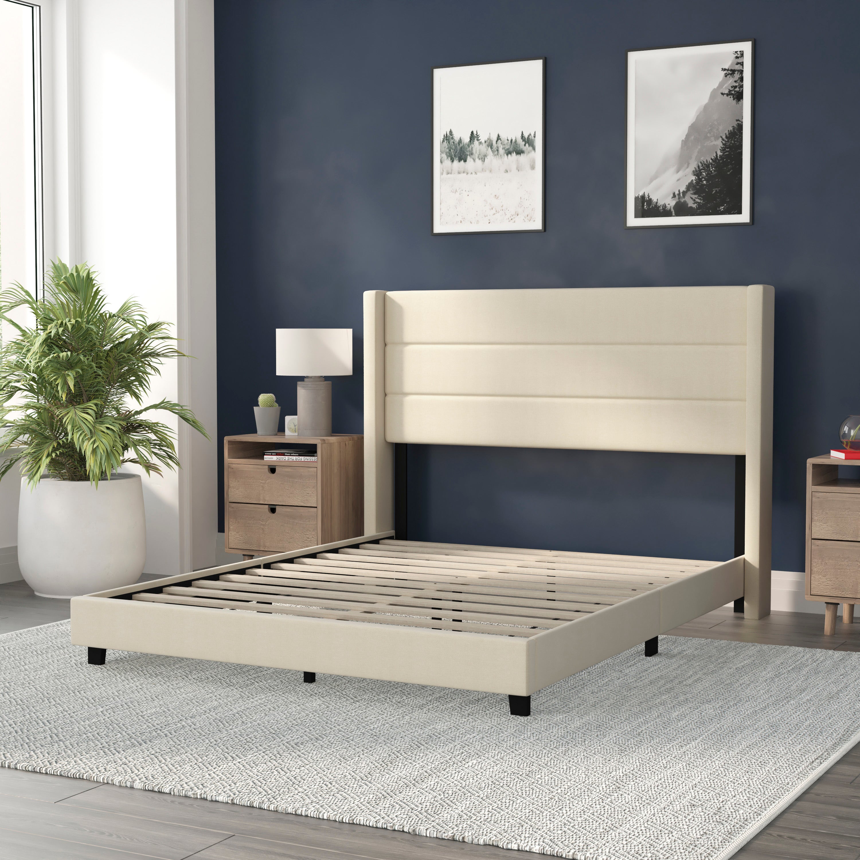 Hollis Queen Upholstered Platform Bed with Wingback Headboard, Mattress Foundation with Slatted Supports, No Box Spring Needed, Beige Faux Linen