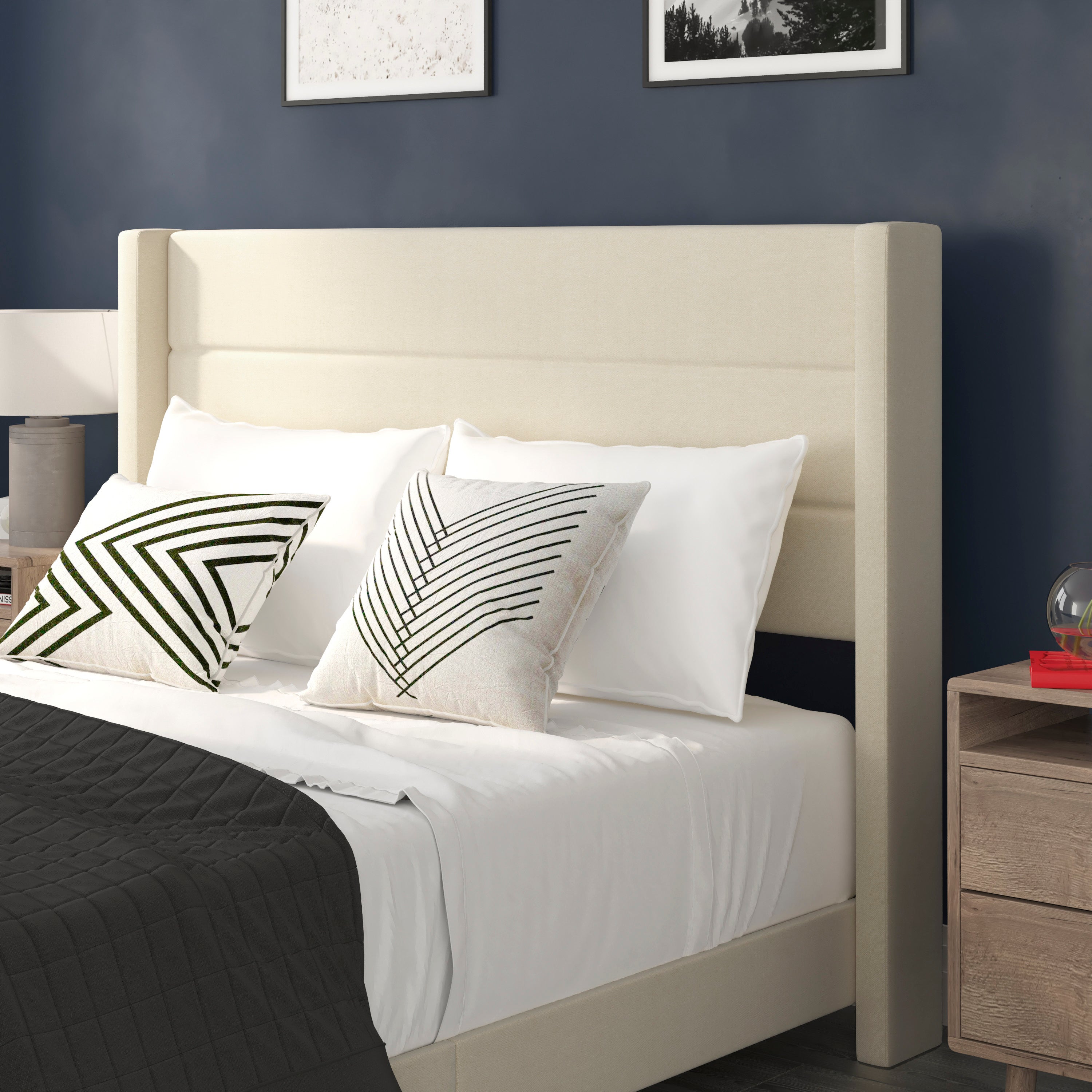 Hollis Queen Upholstered Platform Bed with Wingback Headboard, Mattress Foundation with Slatted Supports, No Box Spring Needed, Beige Faux Linen