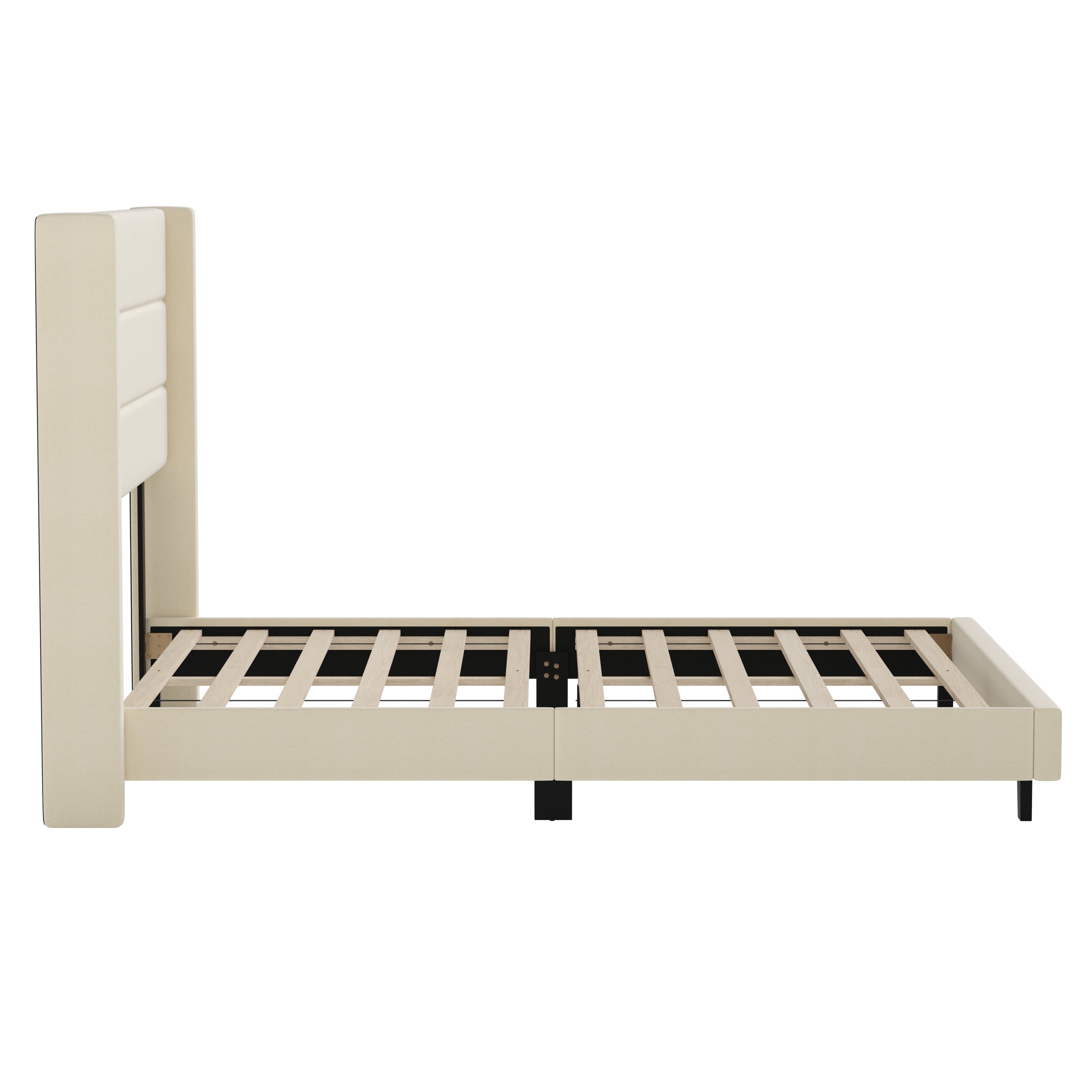 Hollis Queen Upholstered Platform Bed with Wingback Headboard, Mattress Foundation with Slatted Supports, No Box Spring Needed, Beige Faux Linen