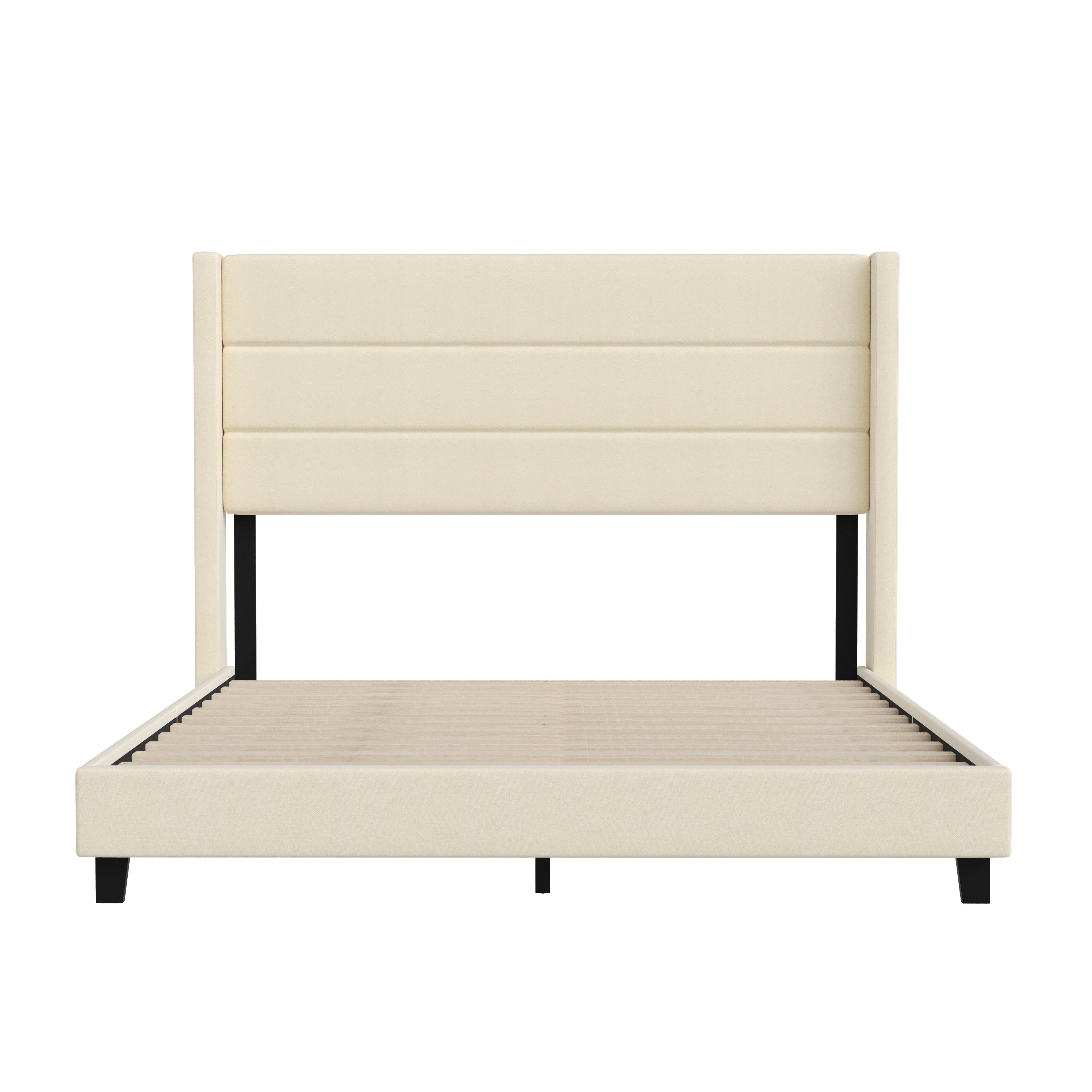 Hollis Queen Upholstered Platform Bed with Wingback Headboard, Mattress Foundation with Slatted Supports, No Box Spring Needed, Beige Faux Linen