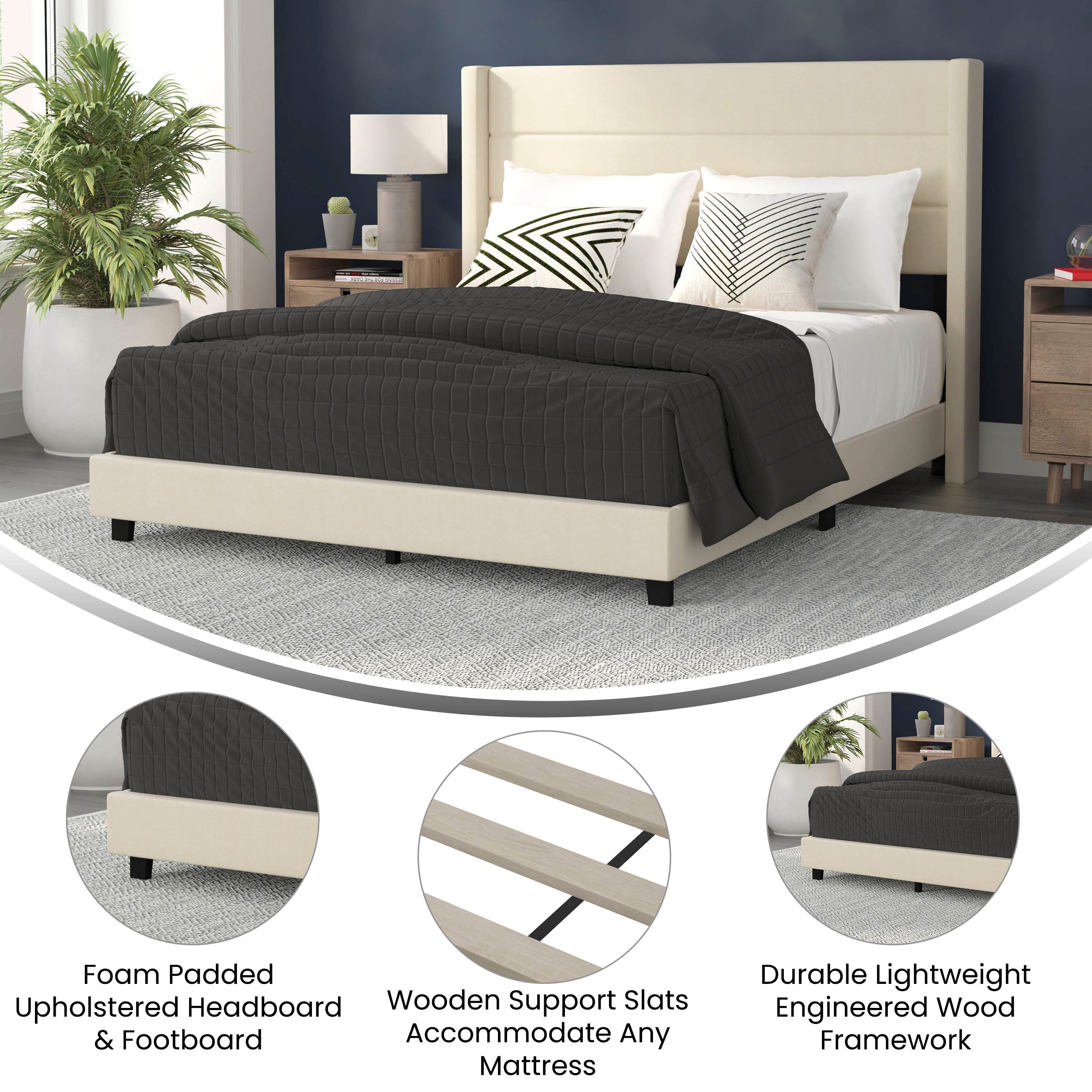 Hollis Queen Upholstered Platform Bed with Wingback Headboard, Mattress Foundation with Slatted Supports, No Box Spring Needed, Beige Faux Linen