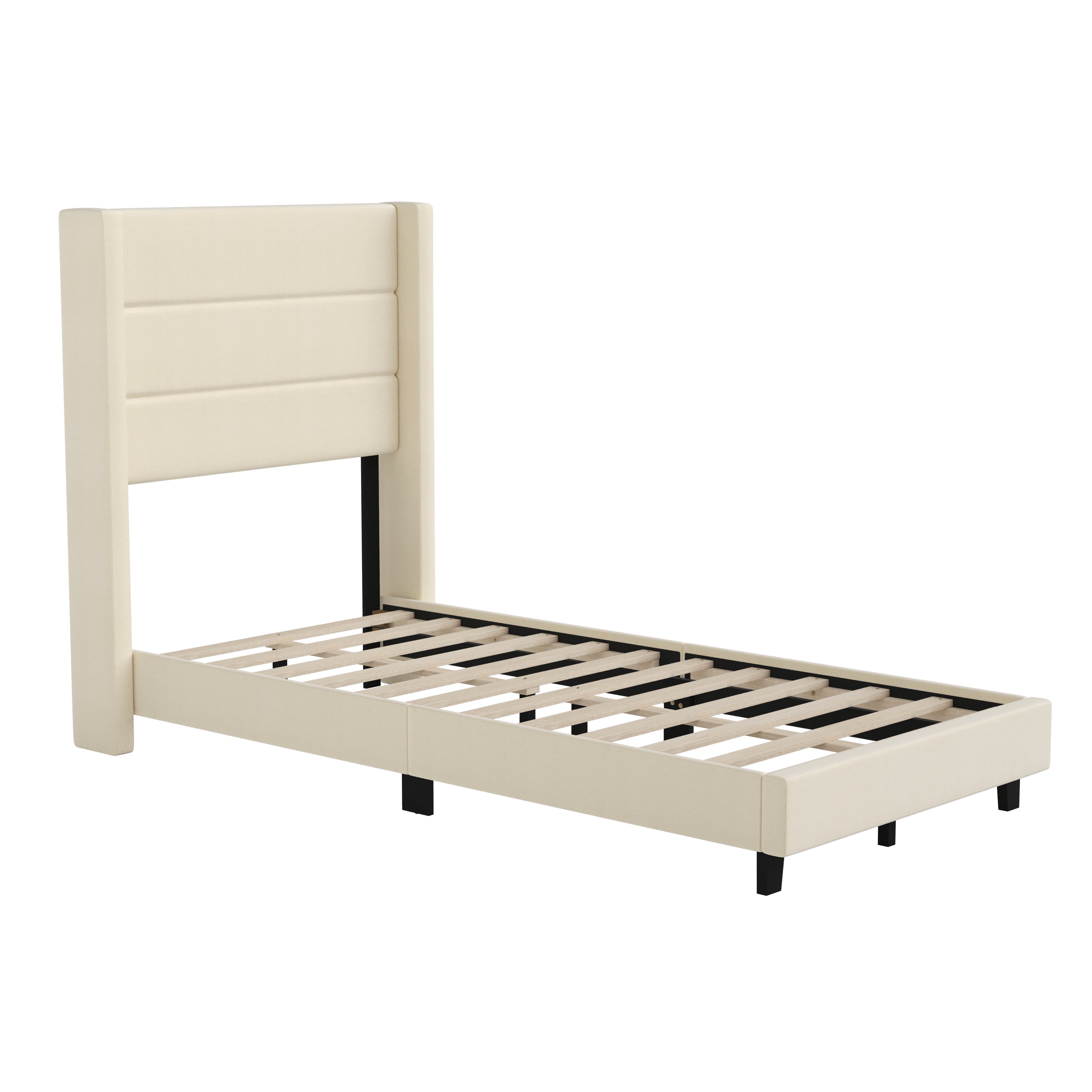 Hollis Twin Upholstered Platform Bed with Wingback Headboard, Mattress Foundation with Slatted Supports, No Box Spring Needed, Beige Faux Linen