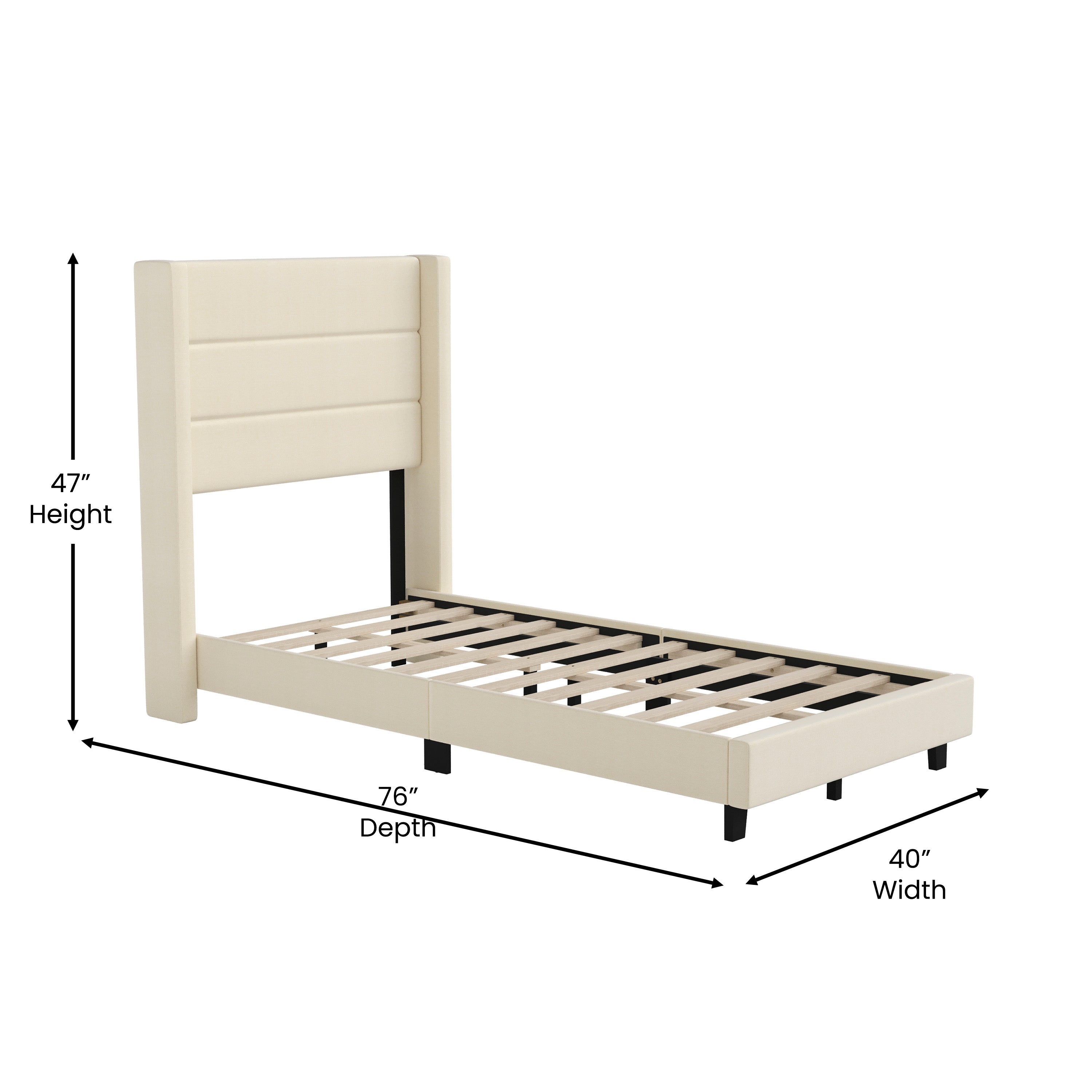 Hollis Twin Upholstered Platform Bed with Wingback Headboard, Mattress Foundation with Slatted Supports, No Box Spring Needed, Beige Faux Linen