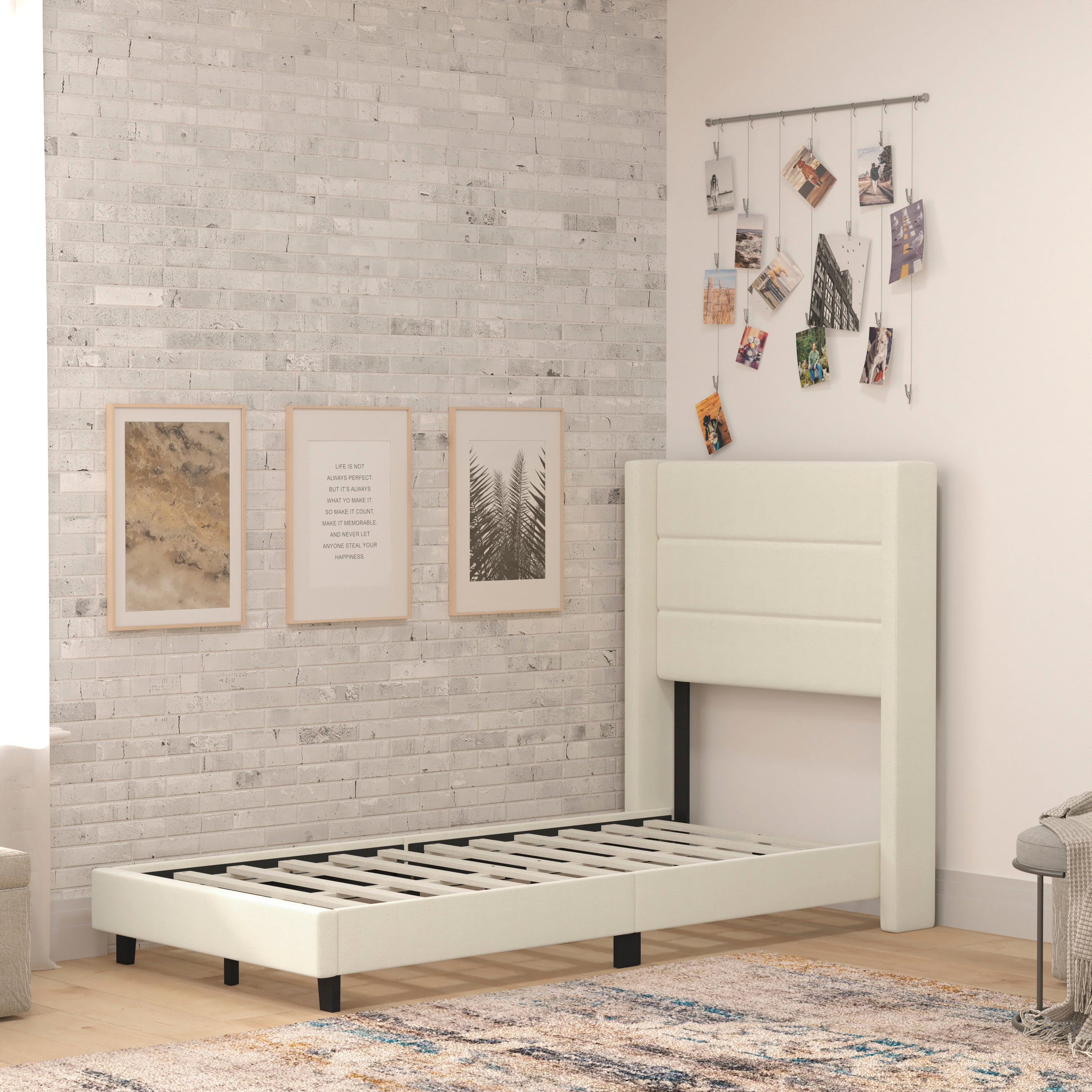 Hollis Twin Upholstered Platform Bed with Wingback Headboard, Mattress Foundation with Slatted Supports, No Box Spring Needed, Beige Faux Linen