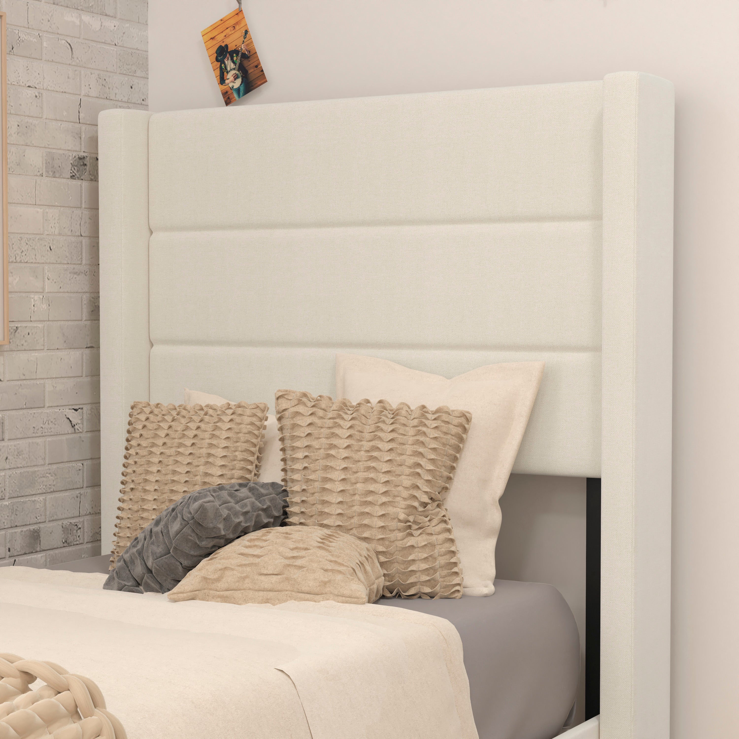 Hollis Twin Upholstered Platform Bed with Wingback Headboard, Mattress Foundation with Slatted Supports, No Box Spring Needed, Beige Faux Linen