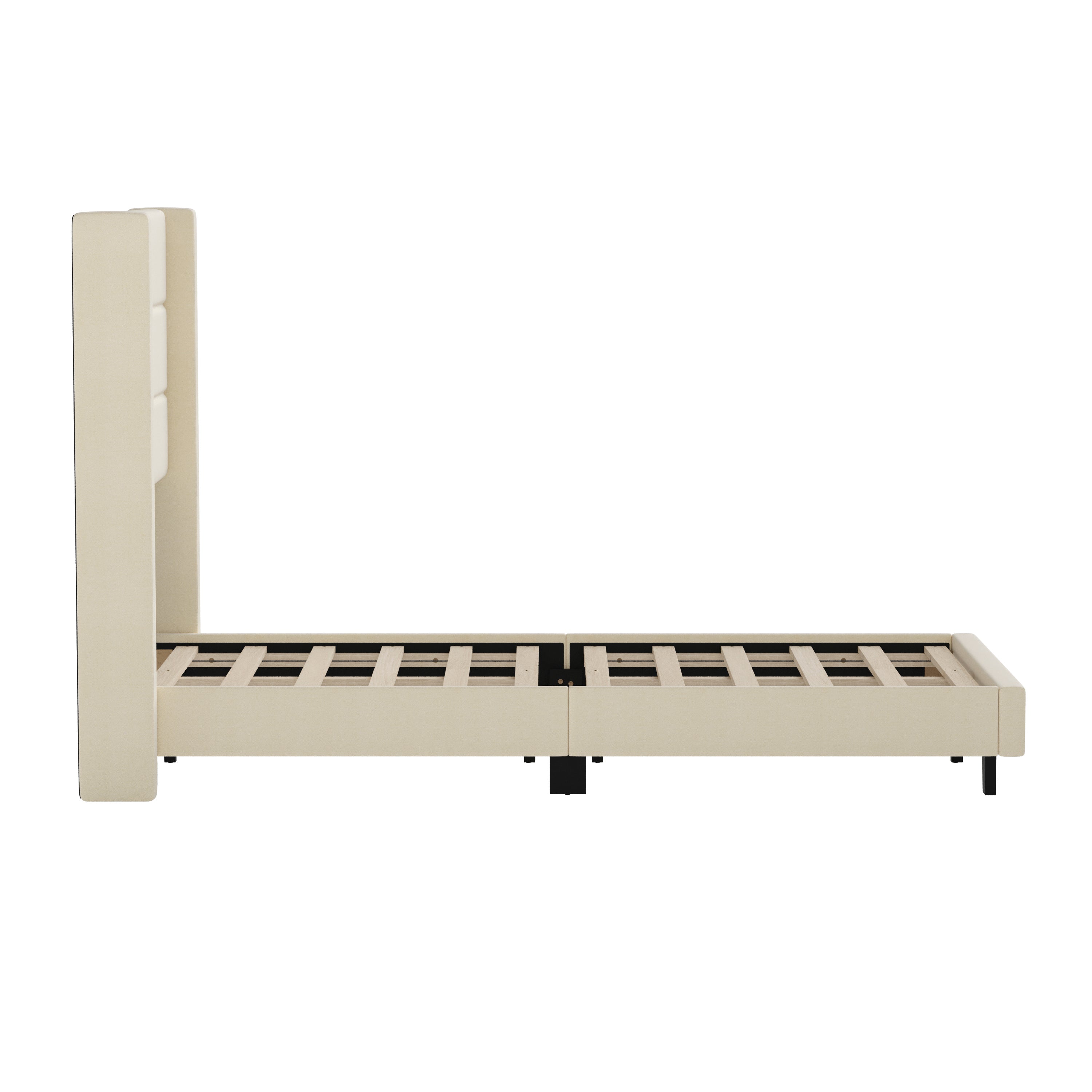 Hollis Twin Upholstered Platform Bed with Wingback Headboard, Mattress Foundation with Slatted Supports, No Box Spring Needed, Beige Faux Linen