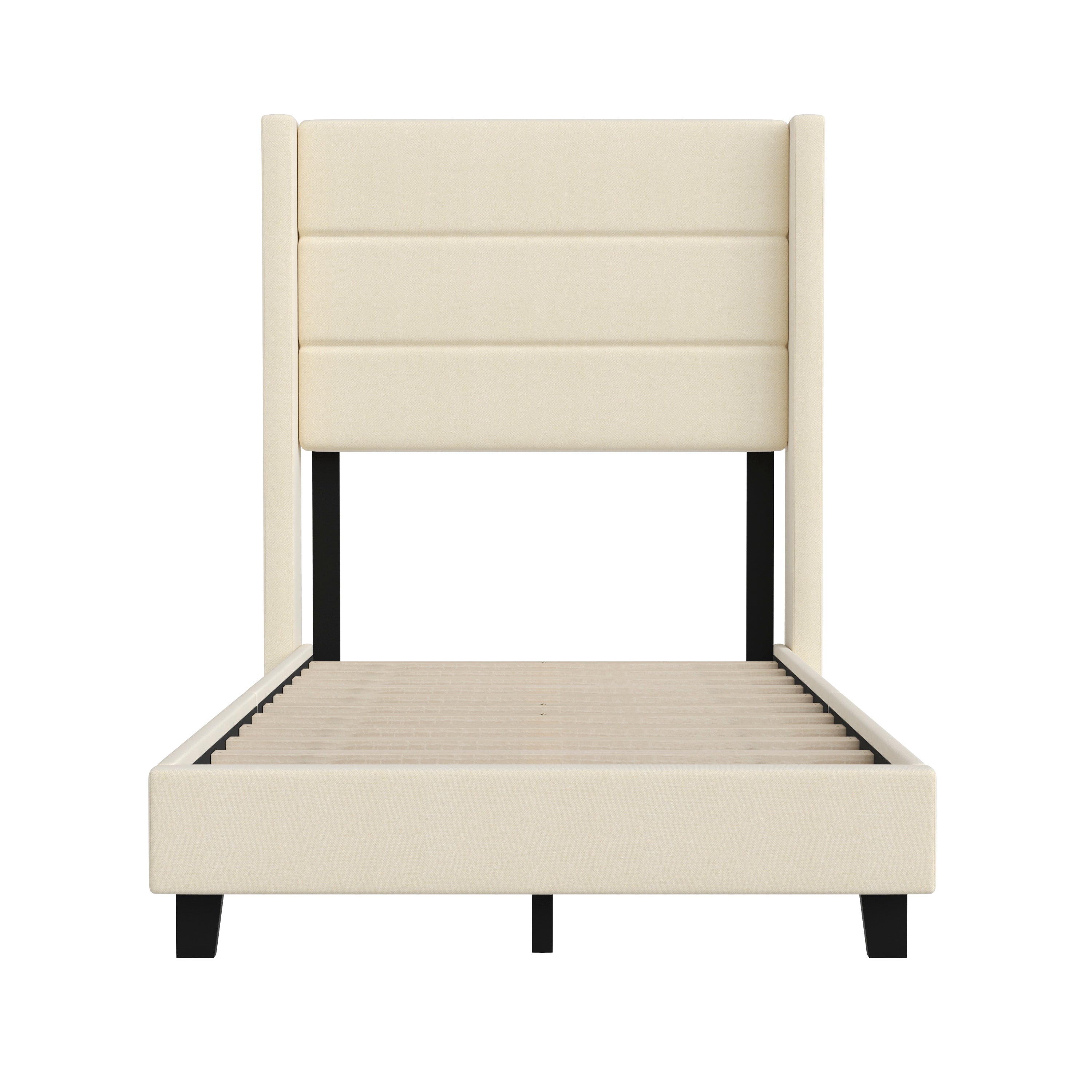 Hollis Twin Upholstered Platform Bed with Wingback Headboard, Mattress Foundation with Slatted Supports, No Box Spring Needed, Beige Faux Linen