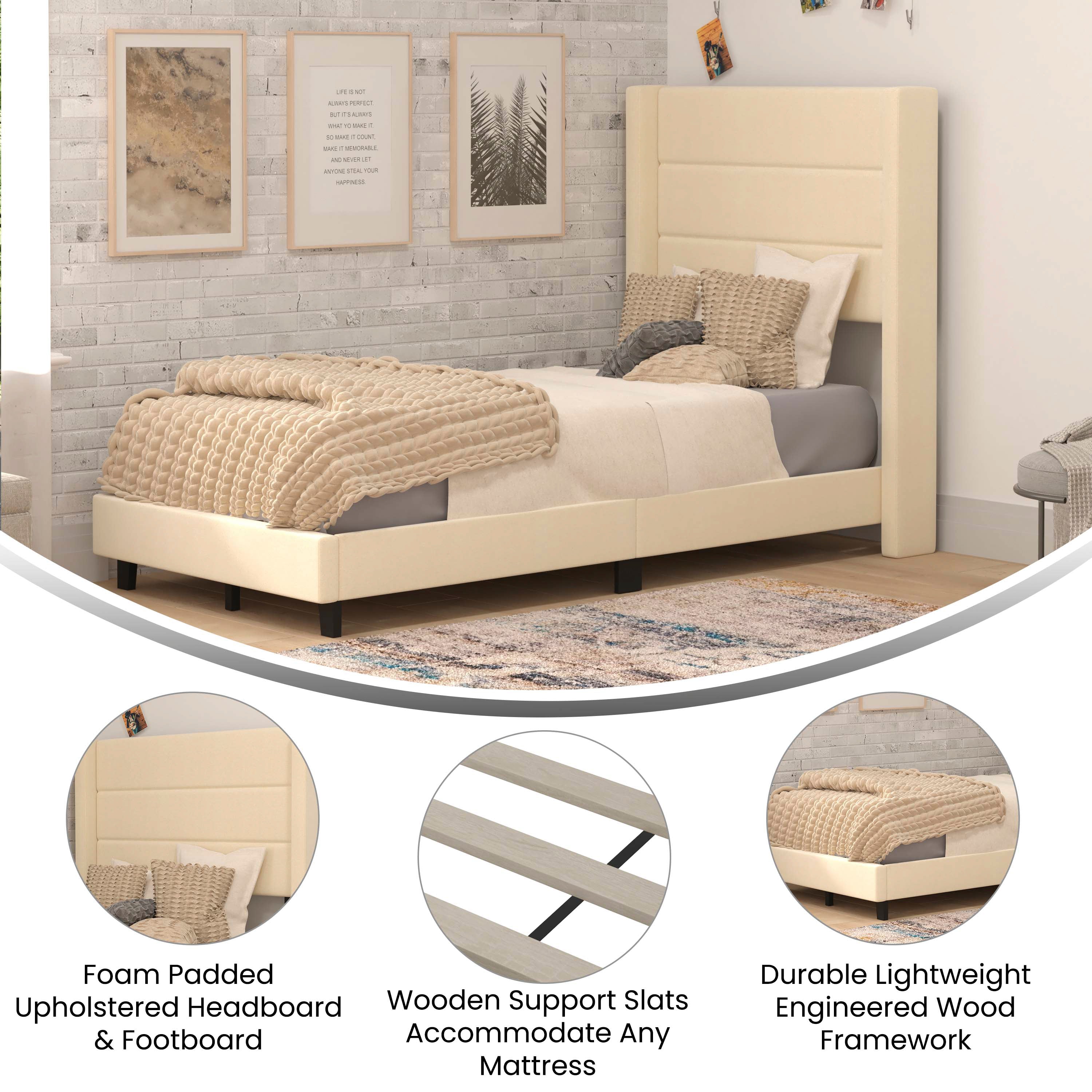 Hollis Twin Upholstered Platform Bed with Wingback Headboard, Mattress Foundation with Slatted Supports, No Box Spring Needed, Beige Faux Linen