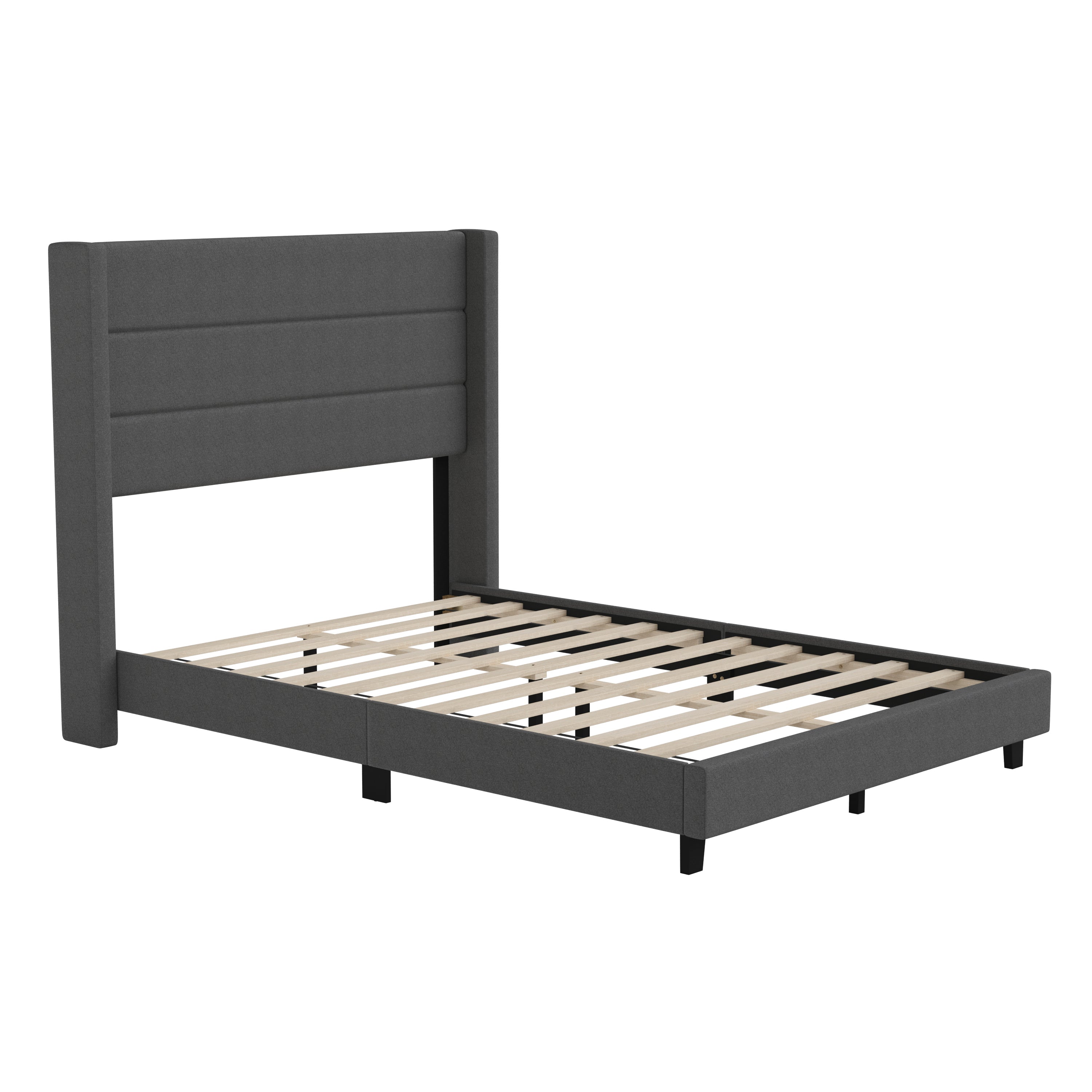 Hollis Full Upholstered Platform Bed with Wingback Headboard, Mattress Foundation with Slatted Supports, No Box Spring Needed, Charcoal Faux Linen