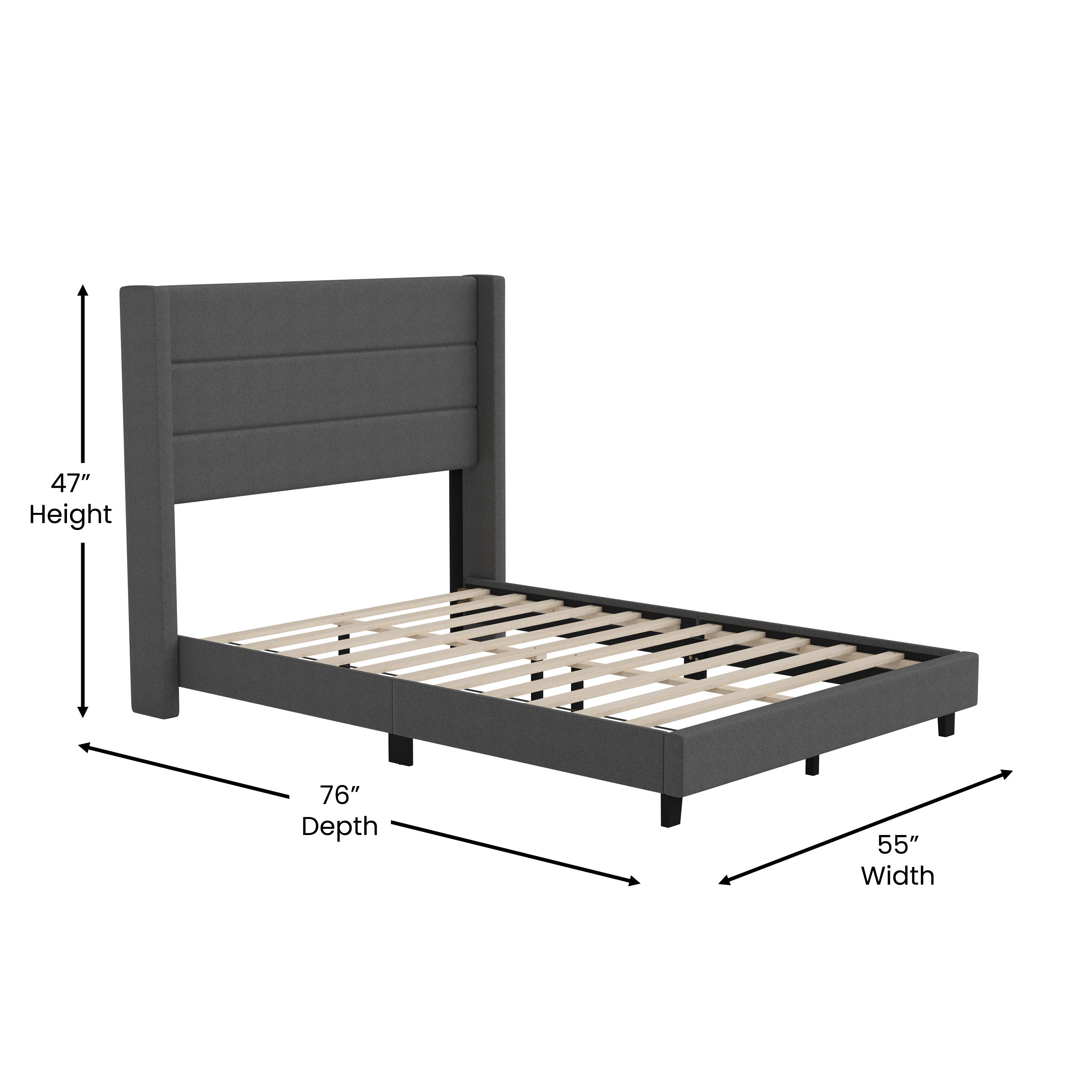 Hollis Full Upholstered Platform Bed with Wingback Headboard, Mattress Foundation with Slatted Supports, No Box Spring Needed, Charcoal Faux Linen