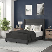 Hollis Full Upholstered Platform Bed with Wingback Headboard, Mattress Foundation with Slatted Supports, No Box Spring Needed, Charcoal Faux Linen
