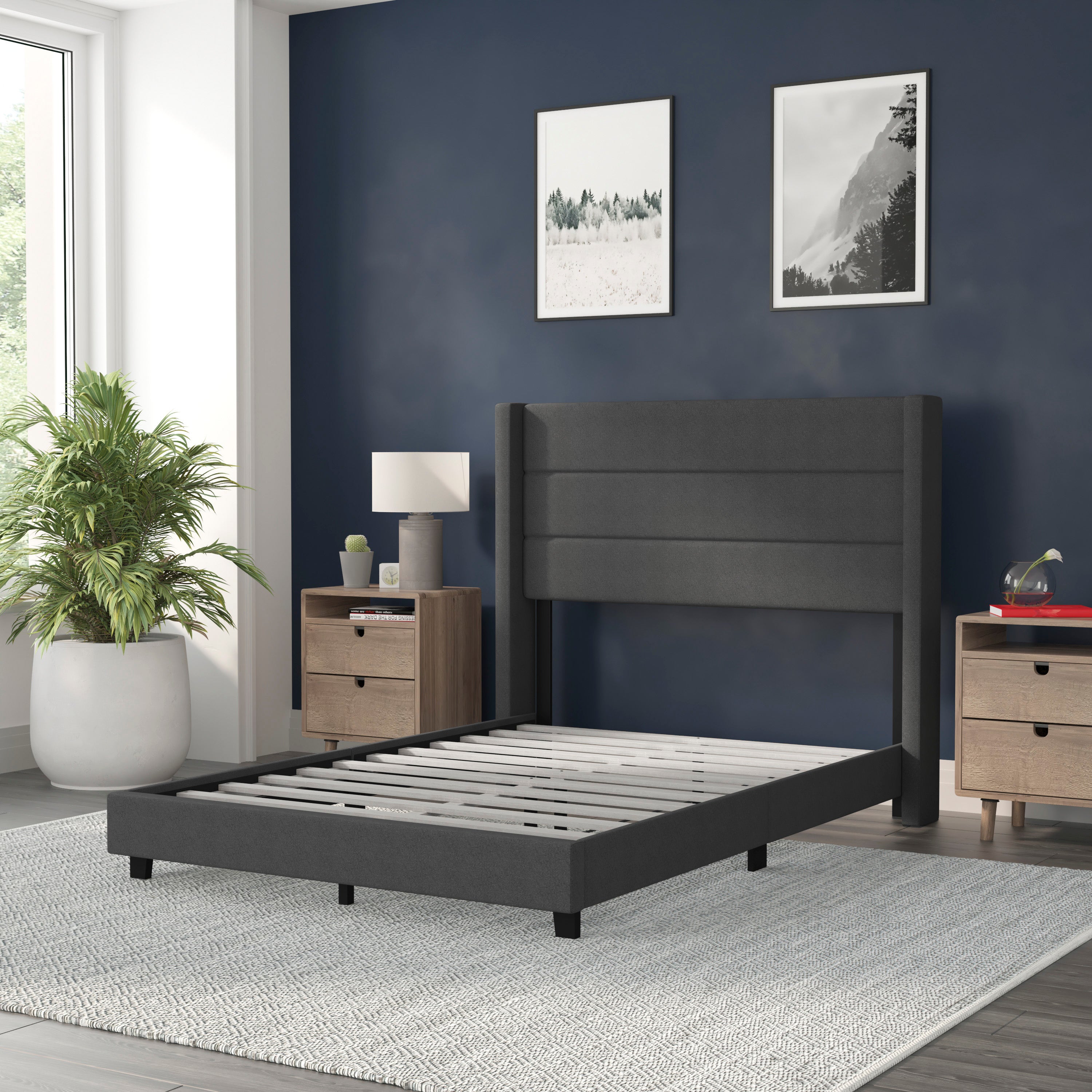 Hollis Full Upholstered Platform Bed with Wingback Headboard, Mattress Foundation with Slatted Supports, No Box Spring Needed, Charcoal Faux Linen