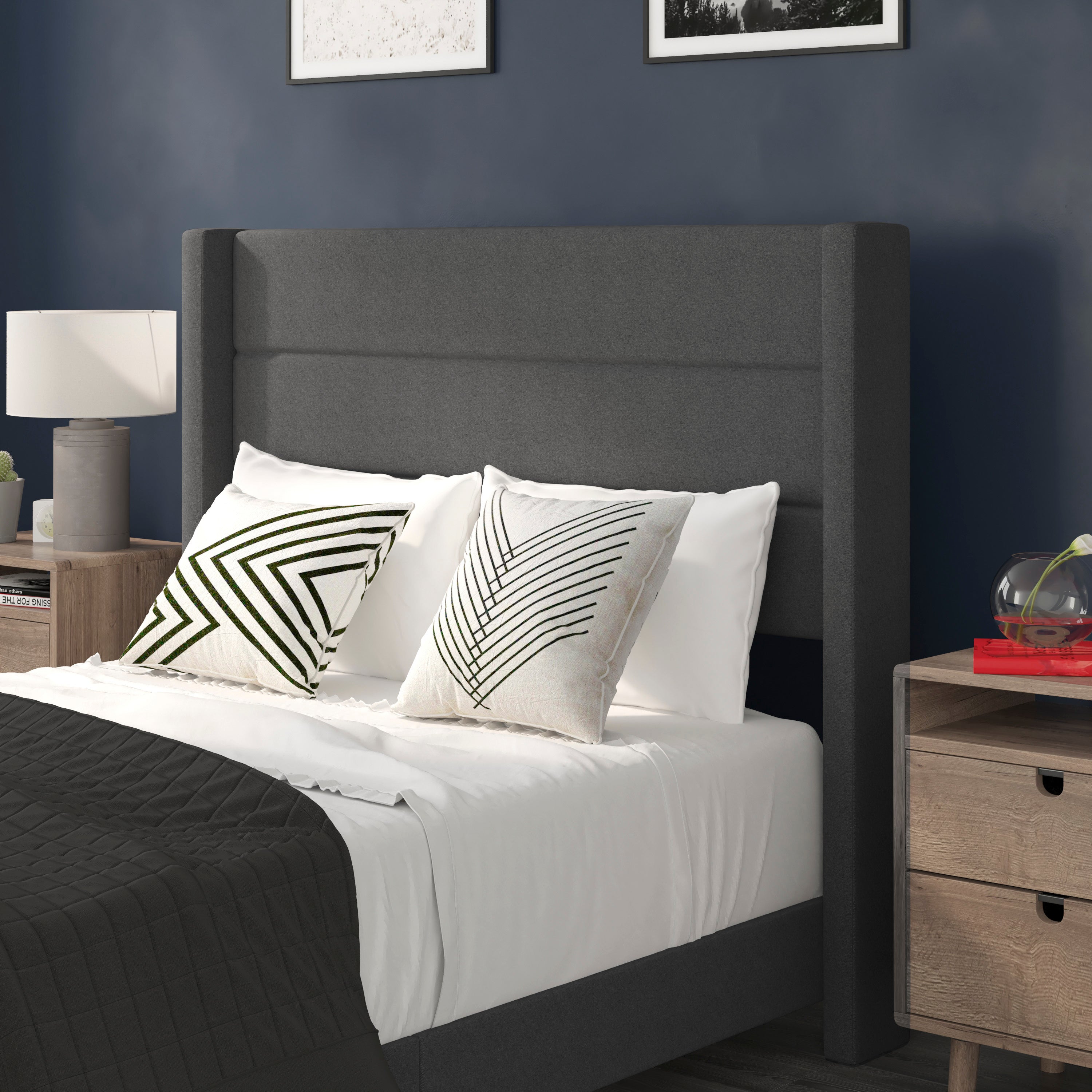 Hollis Full Upholstered Platform Bed with Wingback Headboard, Mattress Foundation with Slatted Supports, No Box Spring Needed, Charcoal Faux Linen