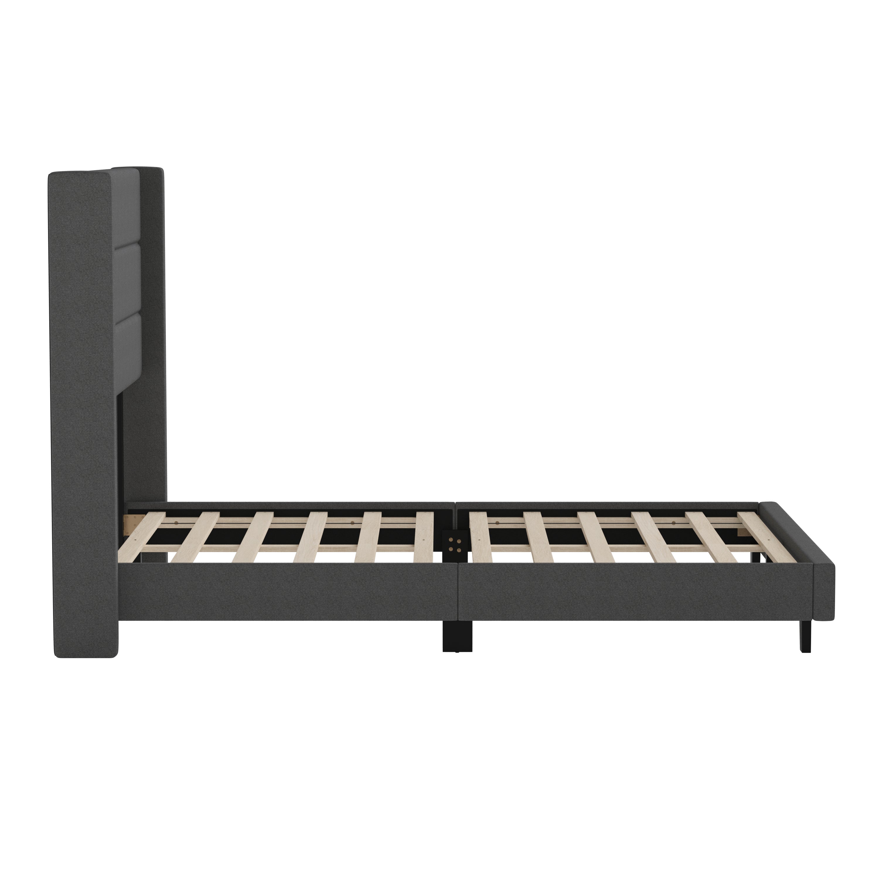 Hollis Full Upholstered Platform Bed with Wingback Headboard, Mattress Foundation with Slatted Supports, No Box Spring Needed, Charcoal Faux Linen