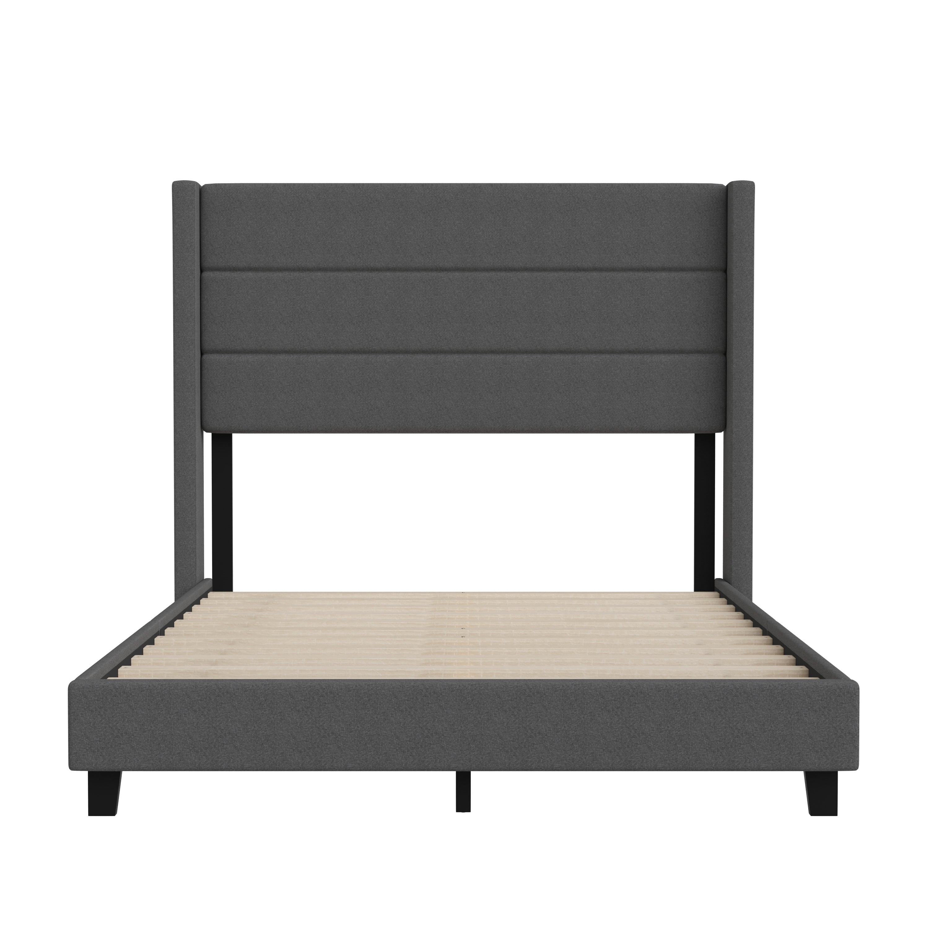 Hollis Full Upholstered Platform Bed with Wingback Headboard, Mattress Foundation with Slatted Supports, No Box Spring Needed, Charcoal Faux Linen