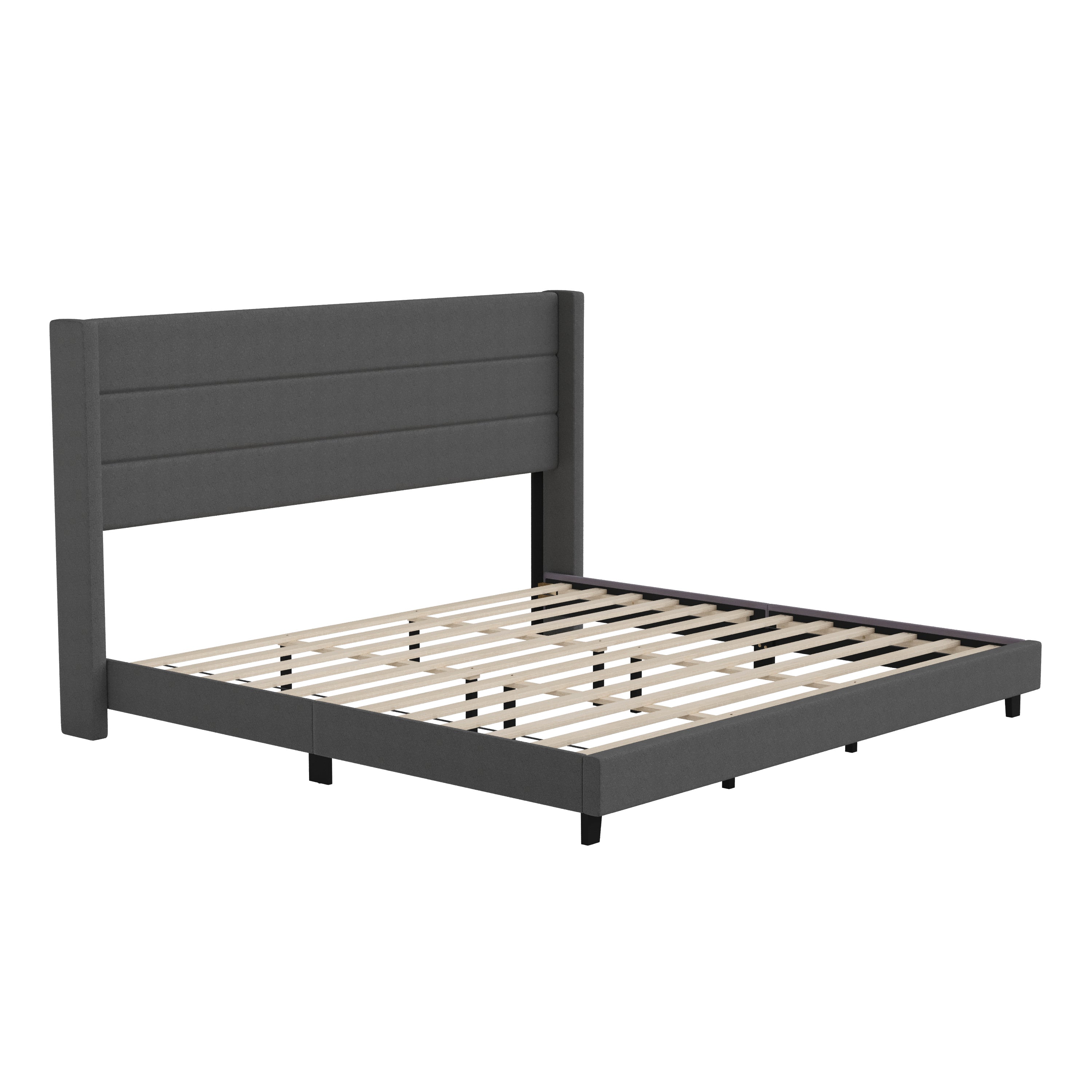 Hollis King Upholstered Platform Bed with Wingback Headboard, Mattress Foundation with Slatted Supports, No Box Spring Needed, Charcoal Faux Linen