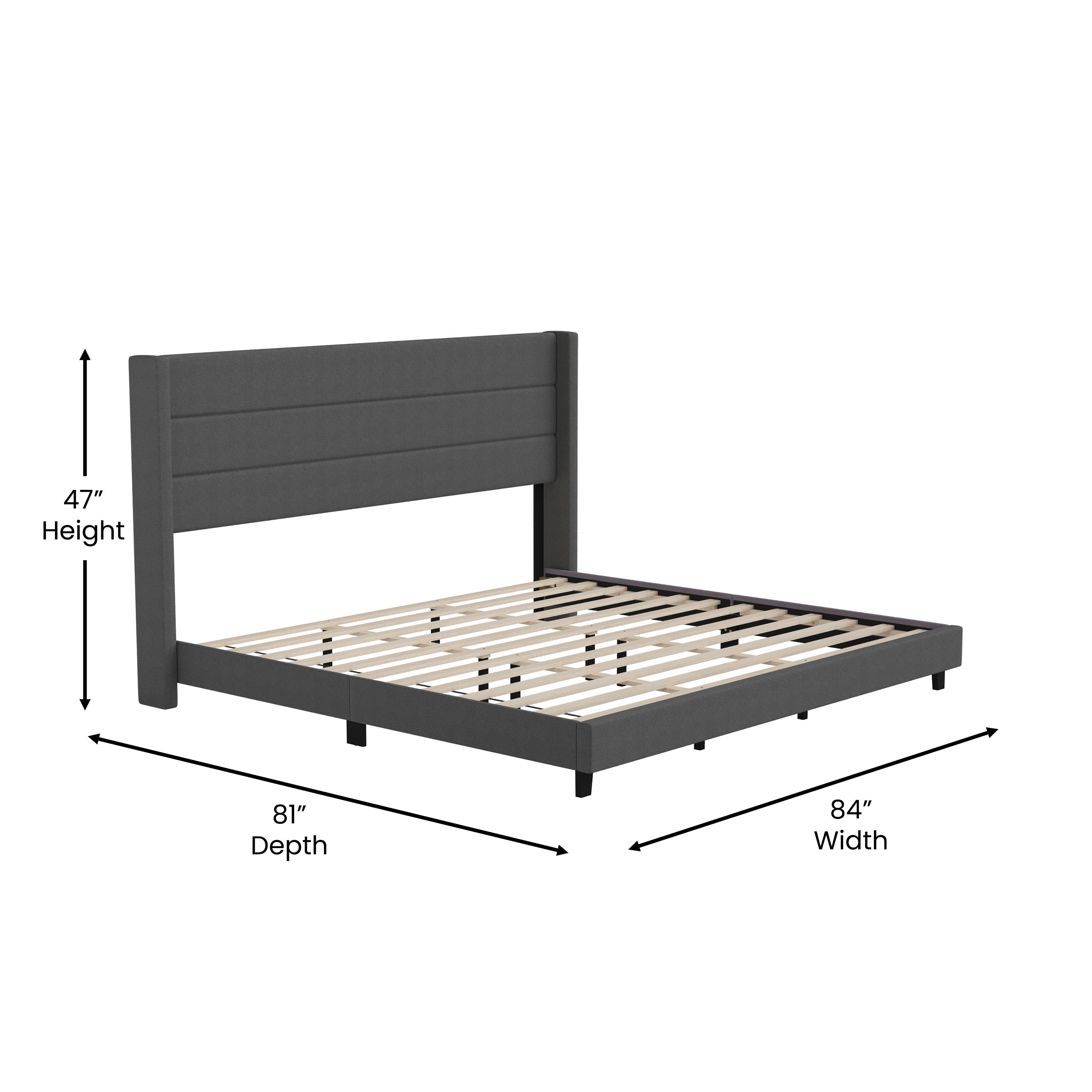 Hollis King Upholstered Platform Bed with Wingback Headboard, Mattress Foundation with Slatted Supports, No Box Spring Needed, Charcoal Faux Linen