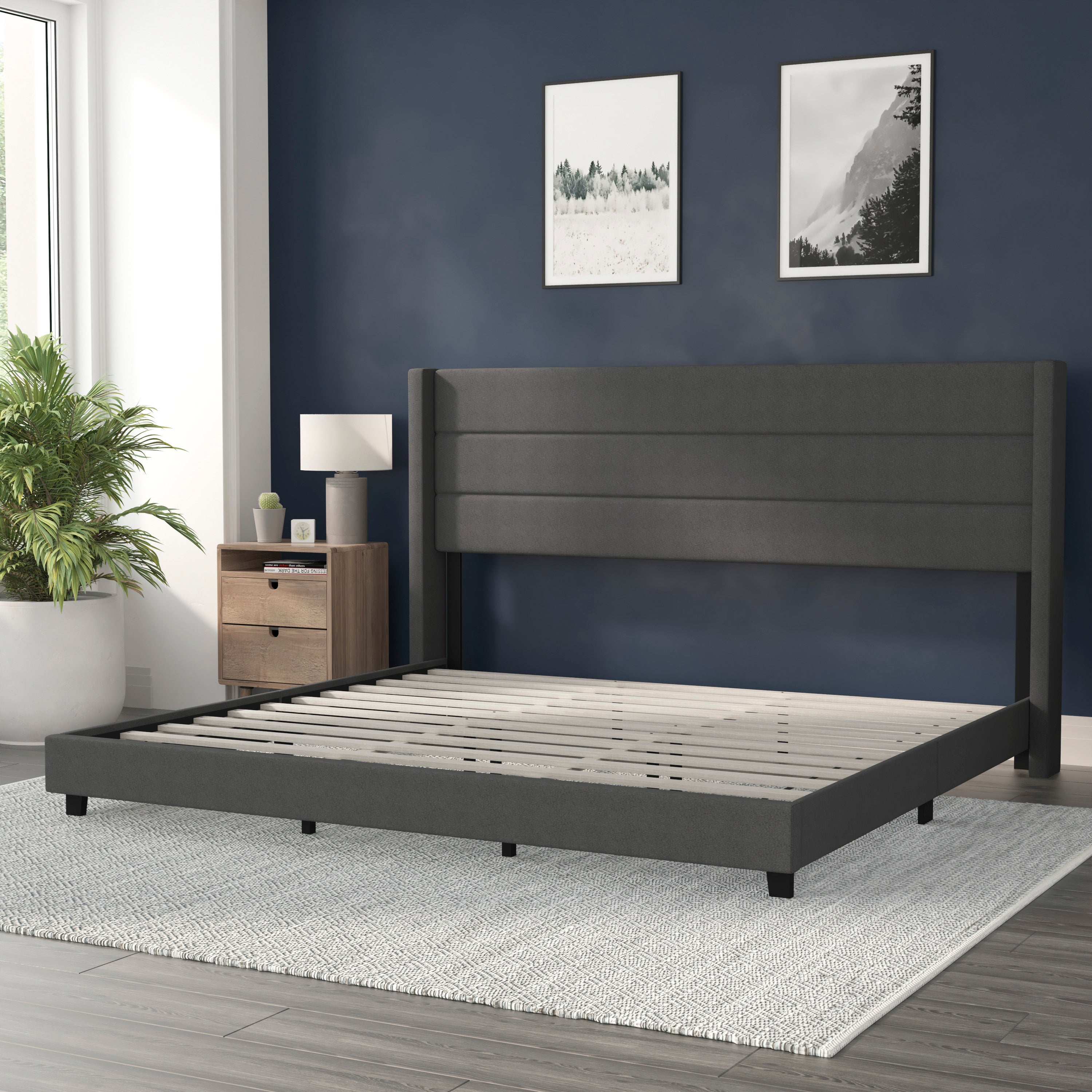 Hollis King Upholstered Platform Bed with Wingback Headboard, Mattress Foundation with Slatted Supports, No Box Spring Needed, Charcoal Faux Linen