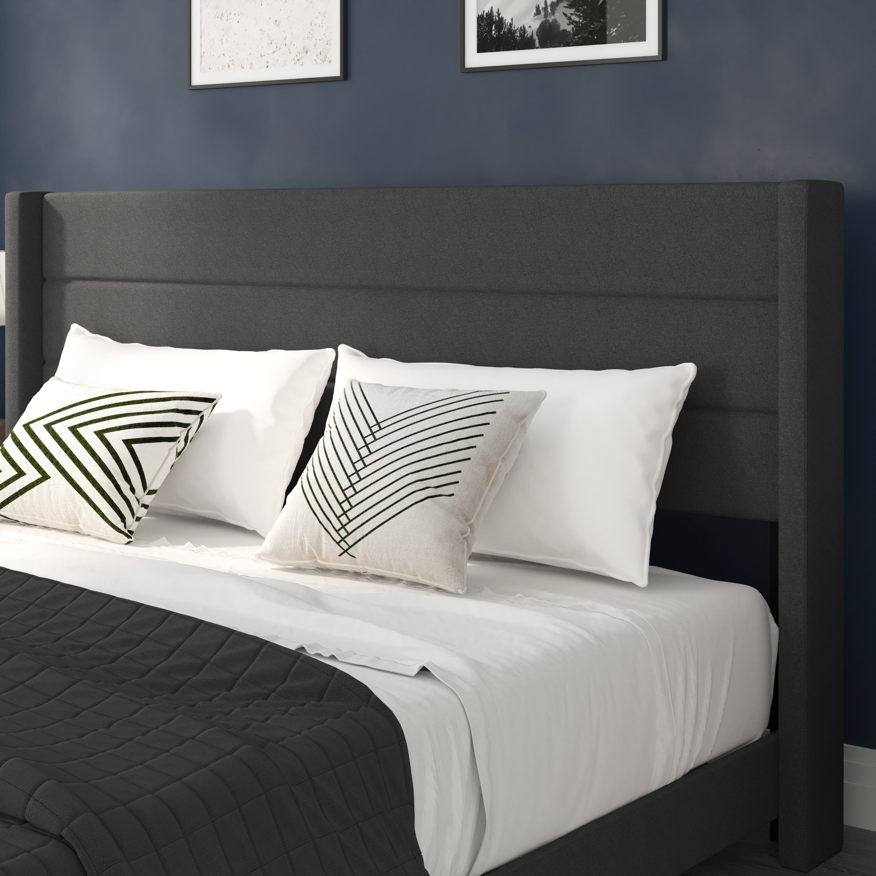 Hollis King Upholstered Platform Bed with Wingback Headboard, Mattress Foundation with Slatted Supports, No Box Spring Needed, Charcoal Faux Linen