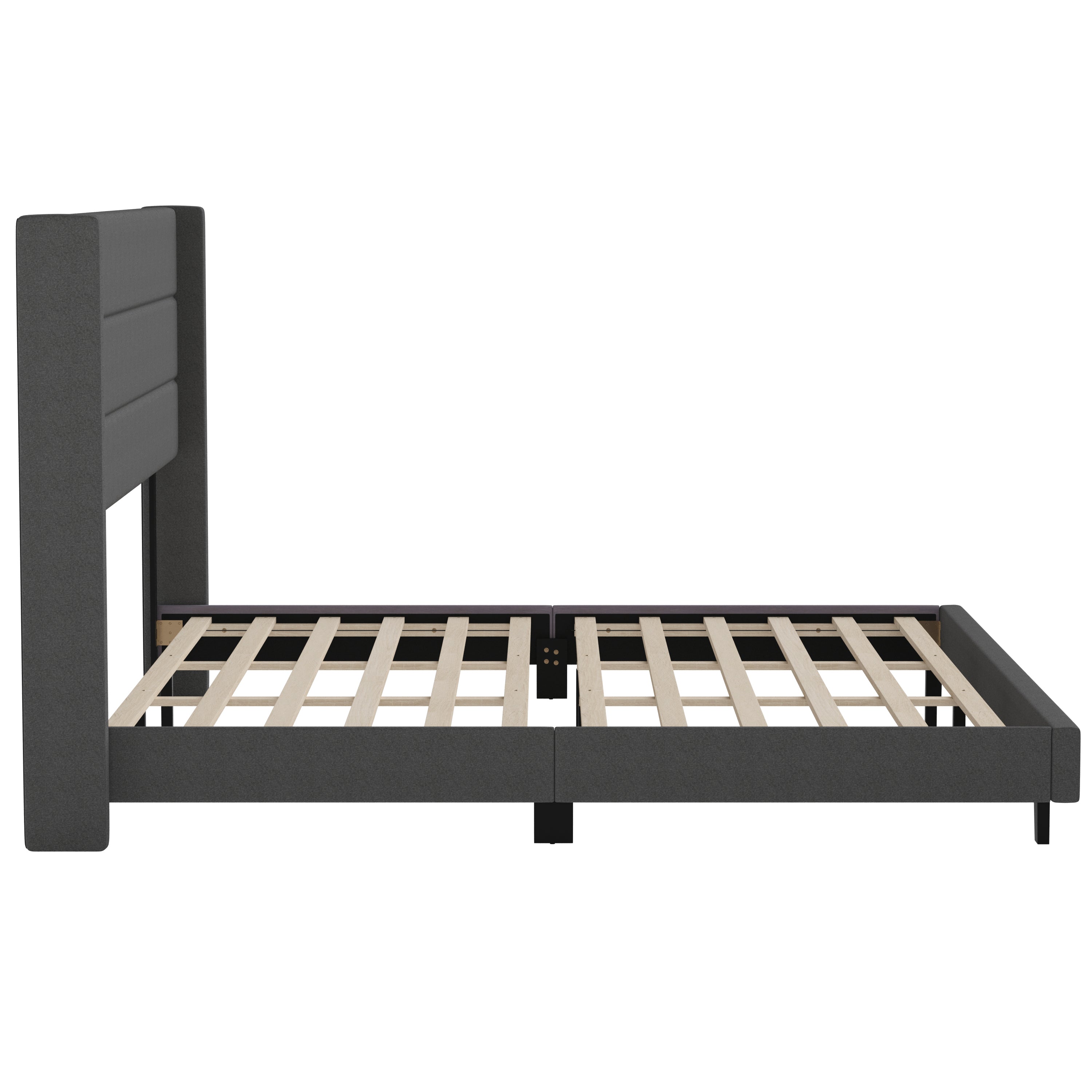 Hollis King Upholstered Platform Bed with Wingback Headboard, Mattress Foundation with Slatted Supports, No Box Spring Needed, Charcoal Faux Linen