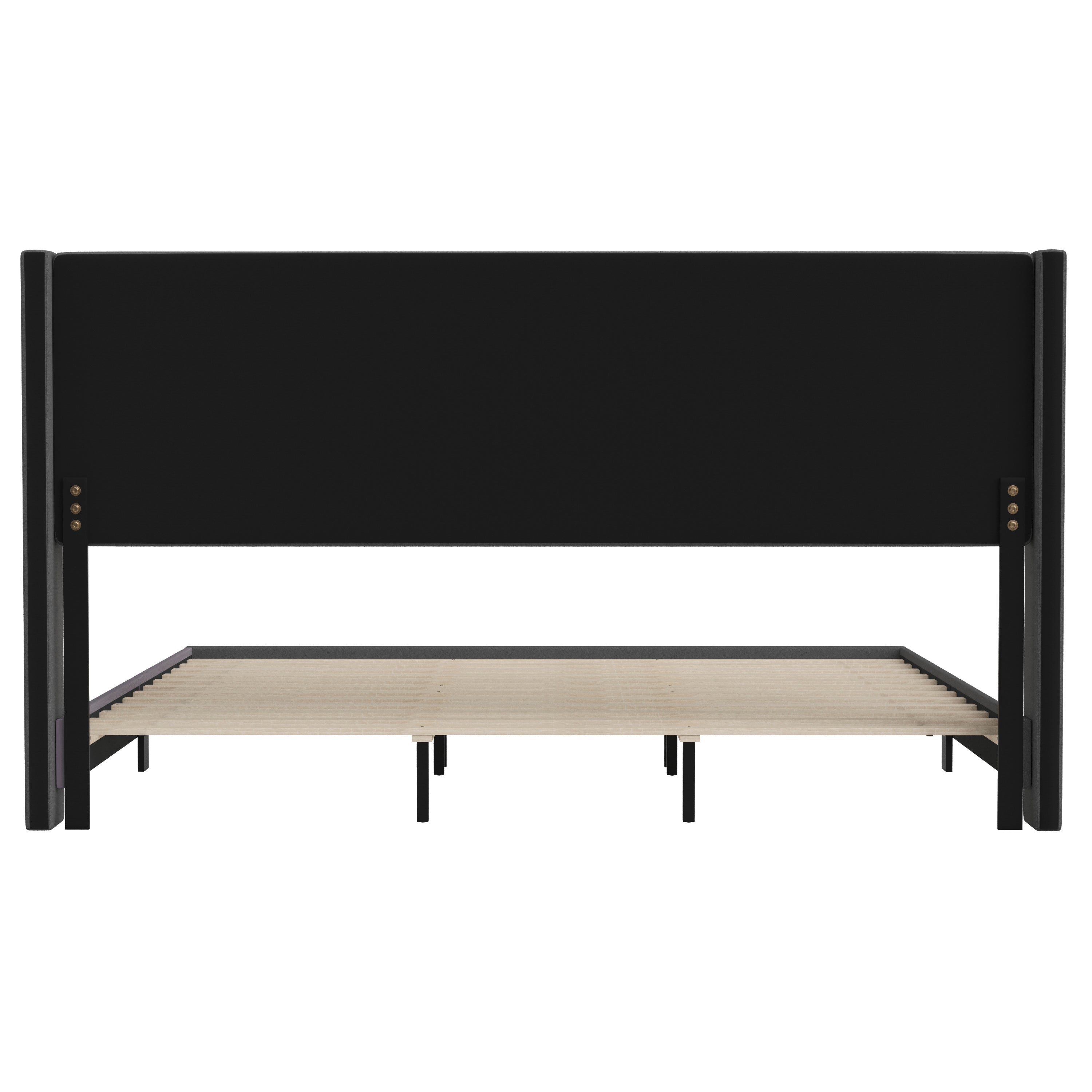 Hollis King Upholstered Platform Bed with Wingback Headboard, Mattress Foundation with Slatted Supports, No Box Spring Needed, Charcoal Faux Linen