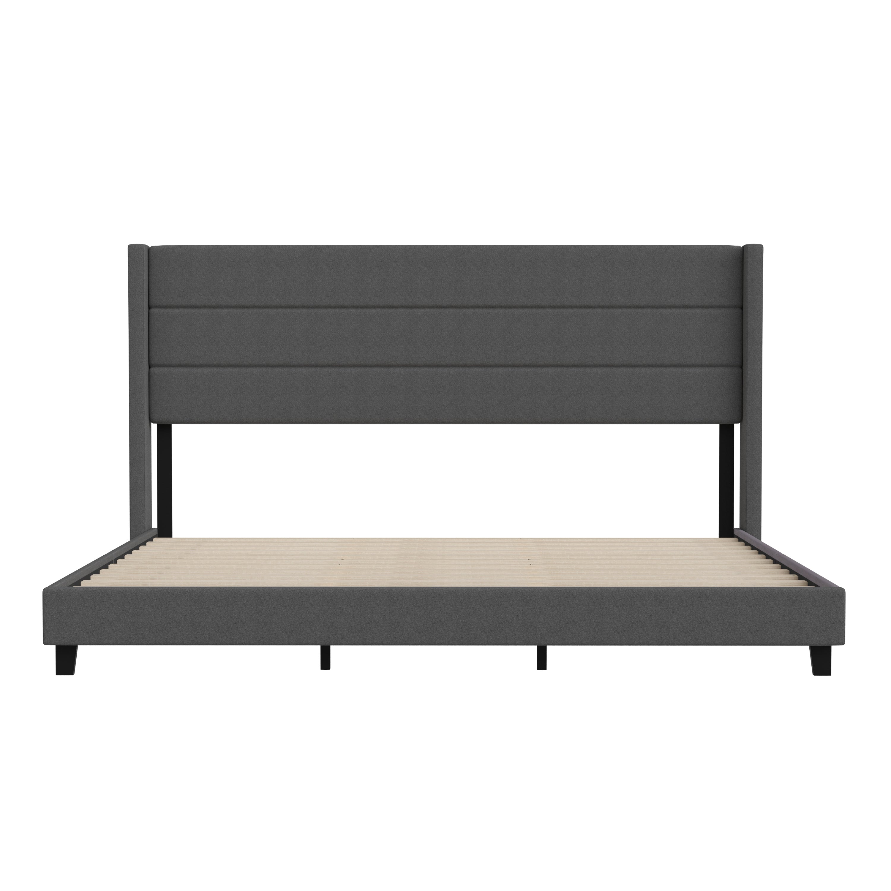 Hollis King Upholstered Platform Bed with Wingback Headboard, Mattress Foundation with Slatted Supports, No Box Spring Needed, Charcoal Faux Linen