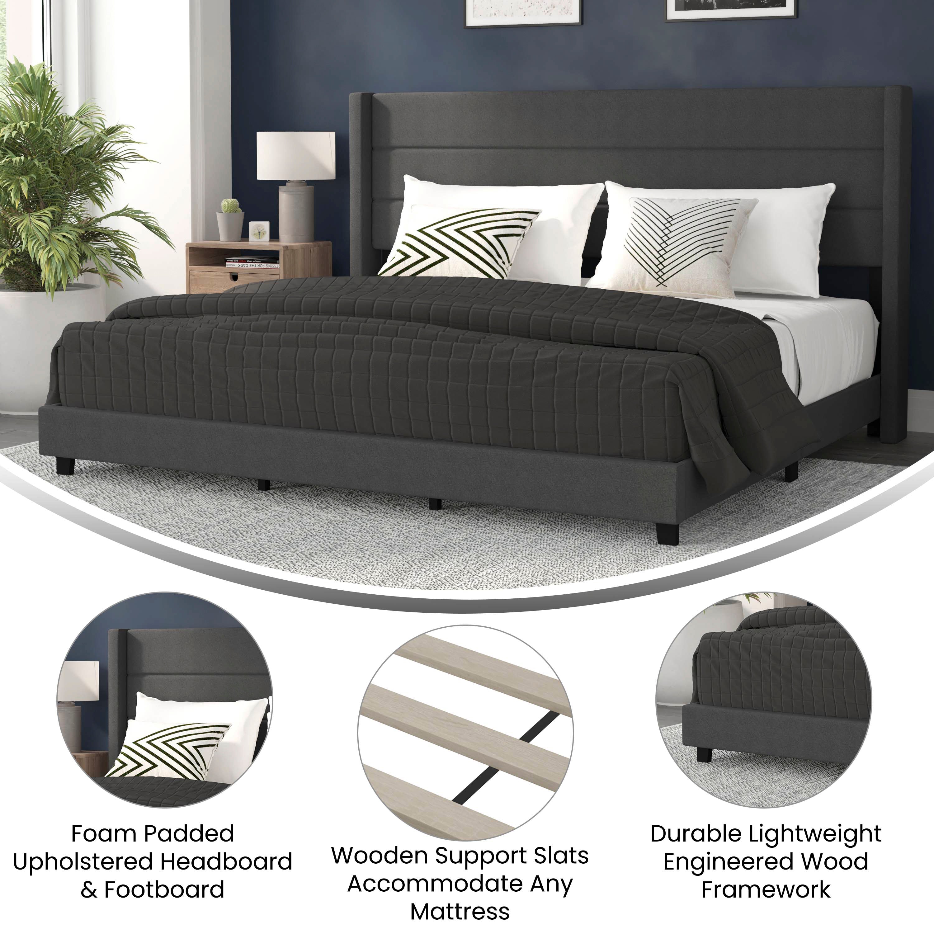 Hollis King Upholstered Platform Bed with Wingback Headboard, Mattress Foundation with Slatted Supports, No Box Spring Needed, Charcoal Faux Linen
