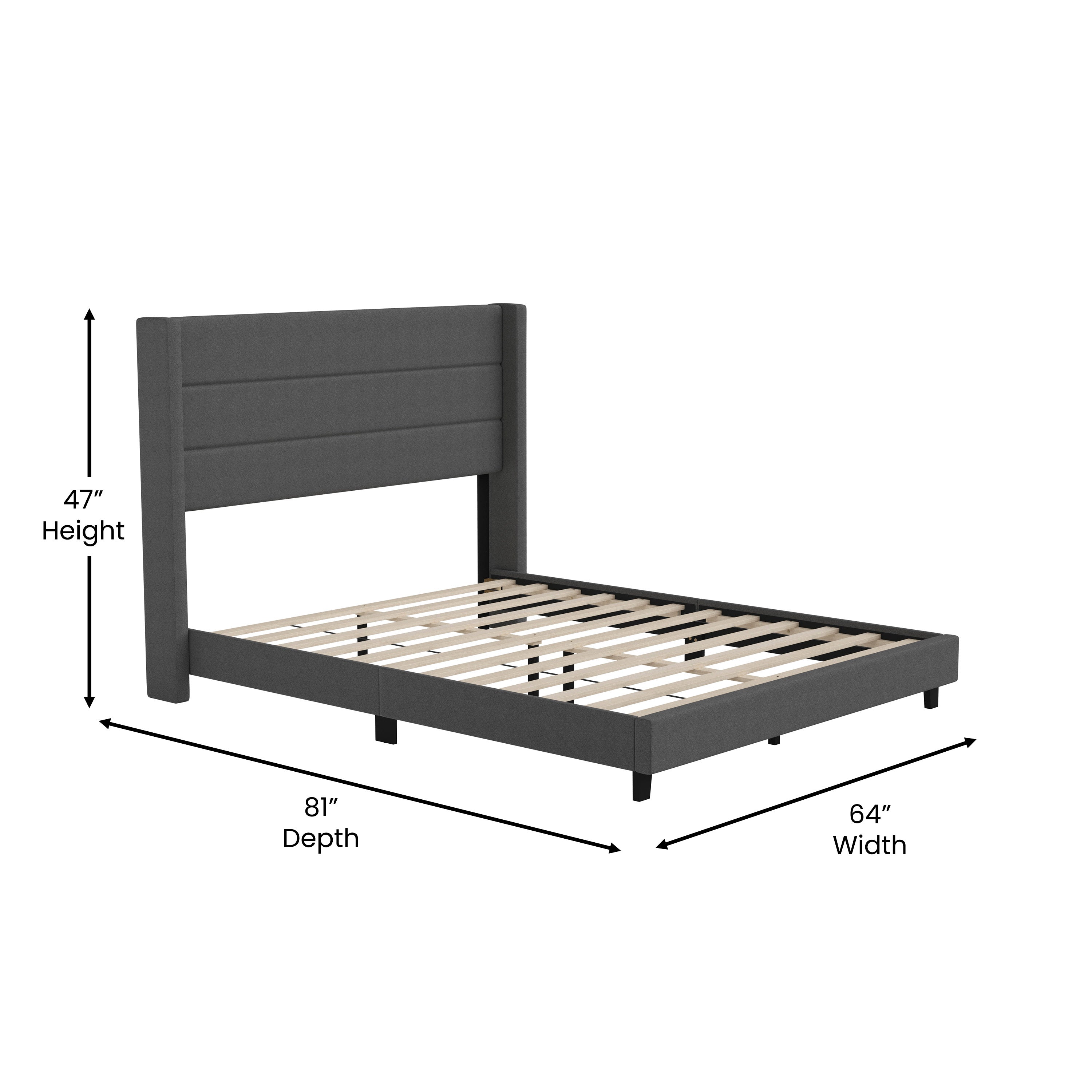 Hollis Queen Upholstered Platform Bed with Wingback Headboard, Mattress Foundation with Slatted Supports, No Box Spring Needed, Charcoal Faux Linen