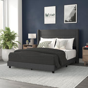 Hollis Queen Upholstered Platform Bed with Wingback Headboard, Mattress Foundation with Slatted Supports, No Box Spring Needed, Charcoal Faux Linen