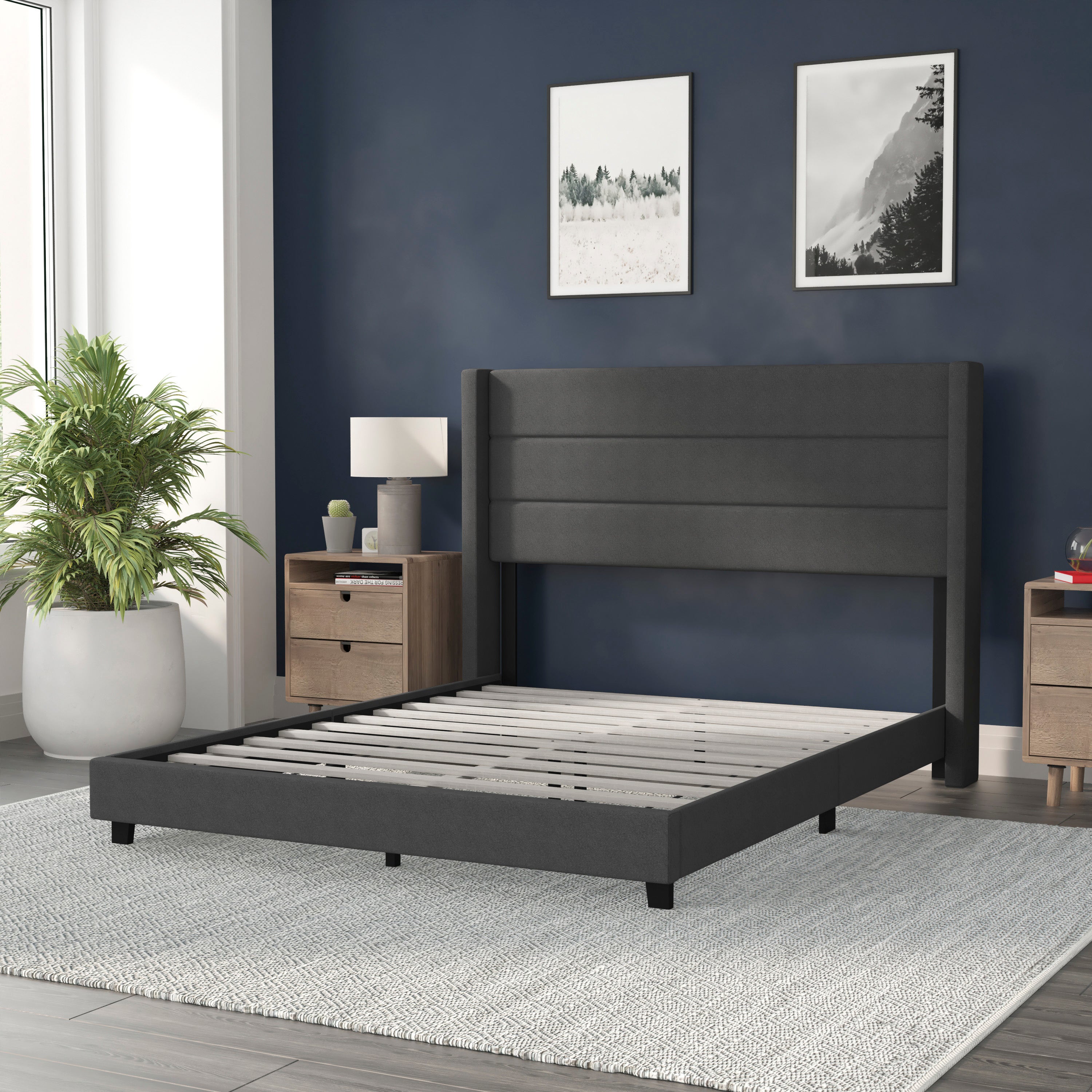 Hollis Queen Upholstered Platform Bed with Wingback Headboard, Mattress Foundation with Slatted Supports, No Box Spring Needed, Charcoal Faux Linen