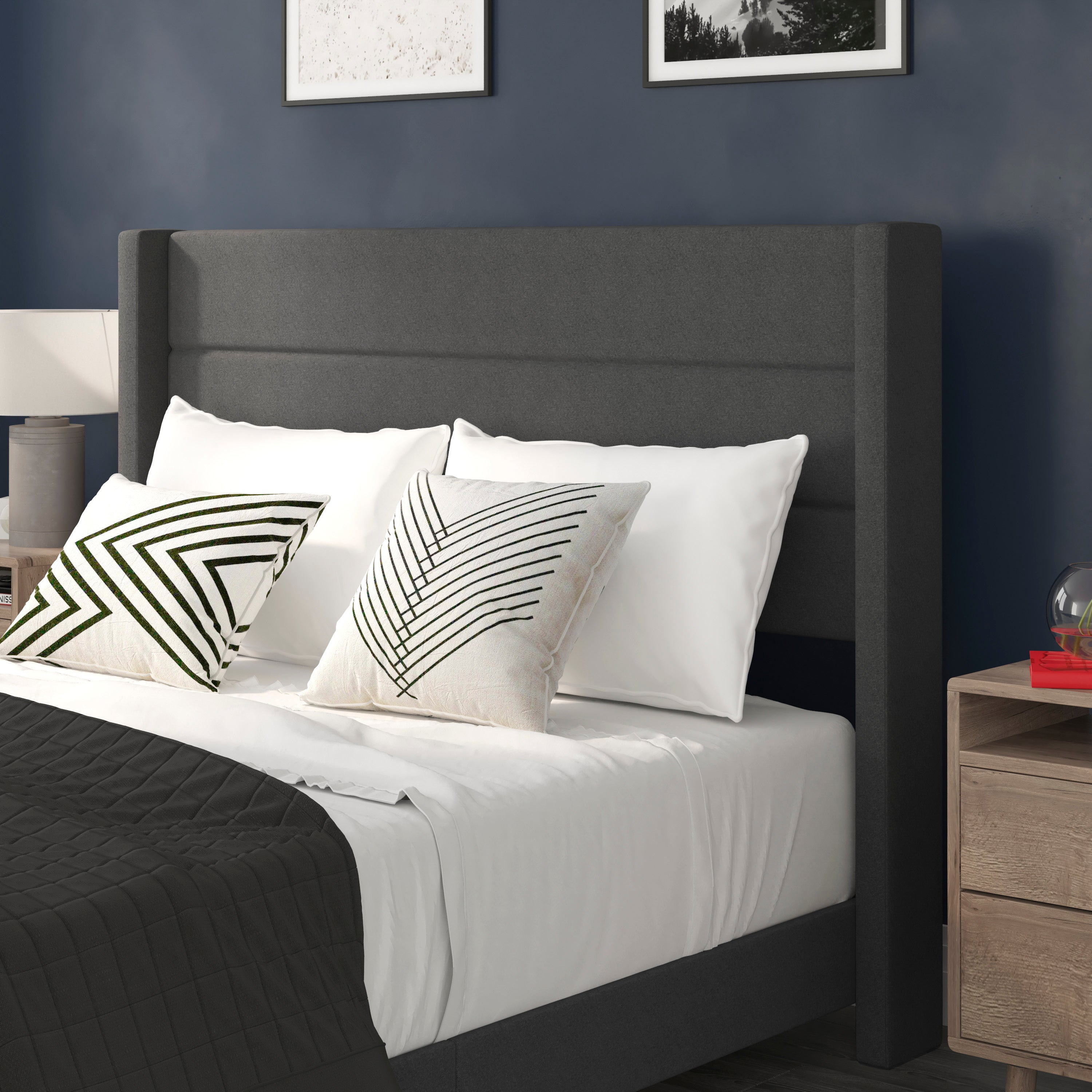 Hollis Queen Upholstered Platform Bed with Wingback Headboard, Mattress Foundation with Slatted Supports, No Box Spring Needed, Charcoal Faux Linen