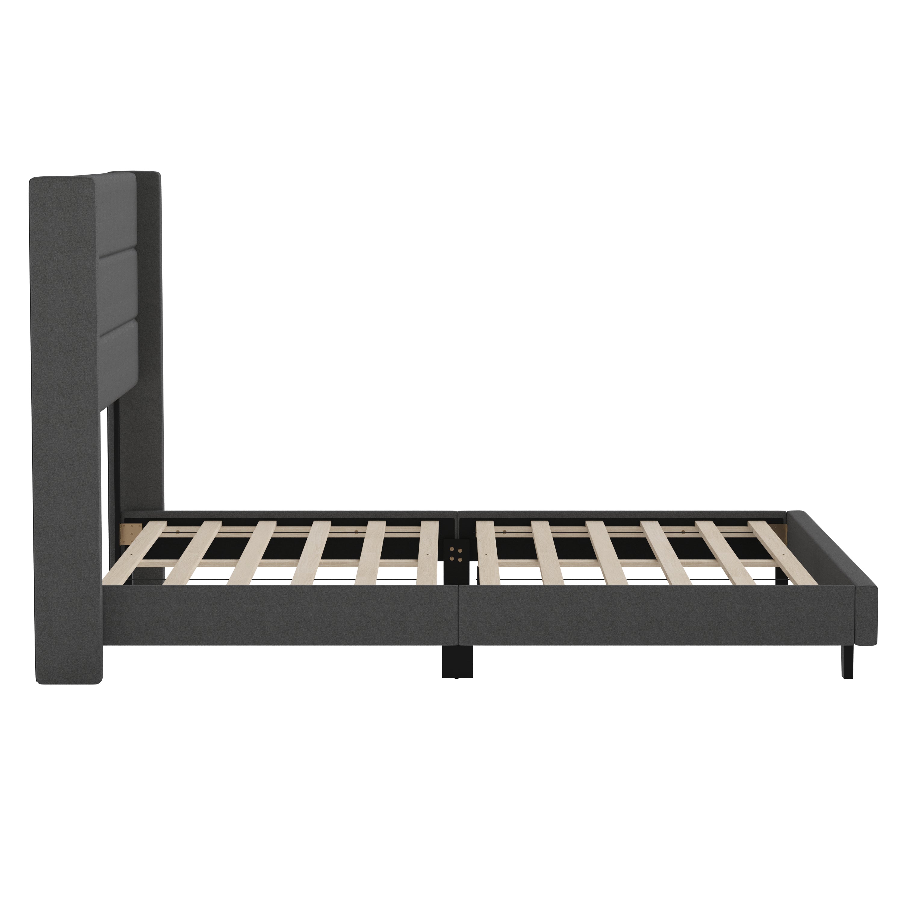 Hollis Queen Upholstered Platform Bed with Wingback Headboard, Mattress Foundation with Slatted Supports, No Box Spring Needed, Charcoal Faux Linen