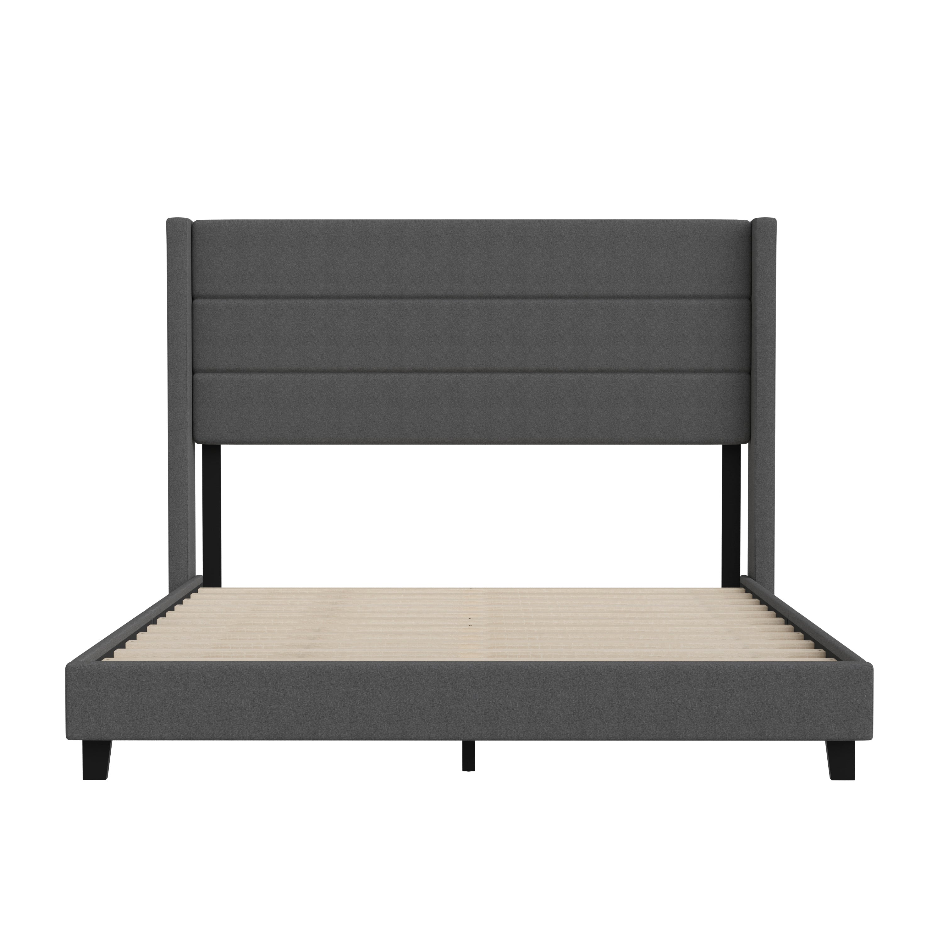Hollis Queen Upholstered Platform Bed with Wingback Headboard, Mattress Foundation with Slatted Supports, No Box Spring Needed, Charcoal Faux Linen
