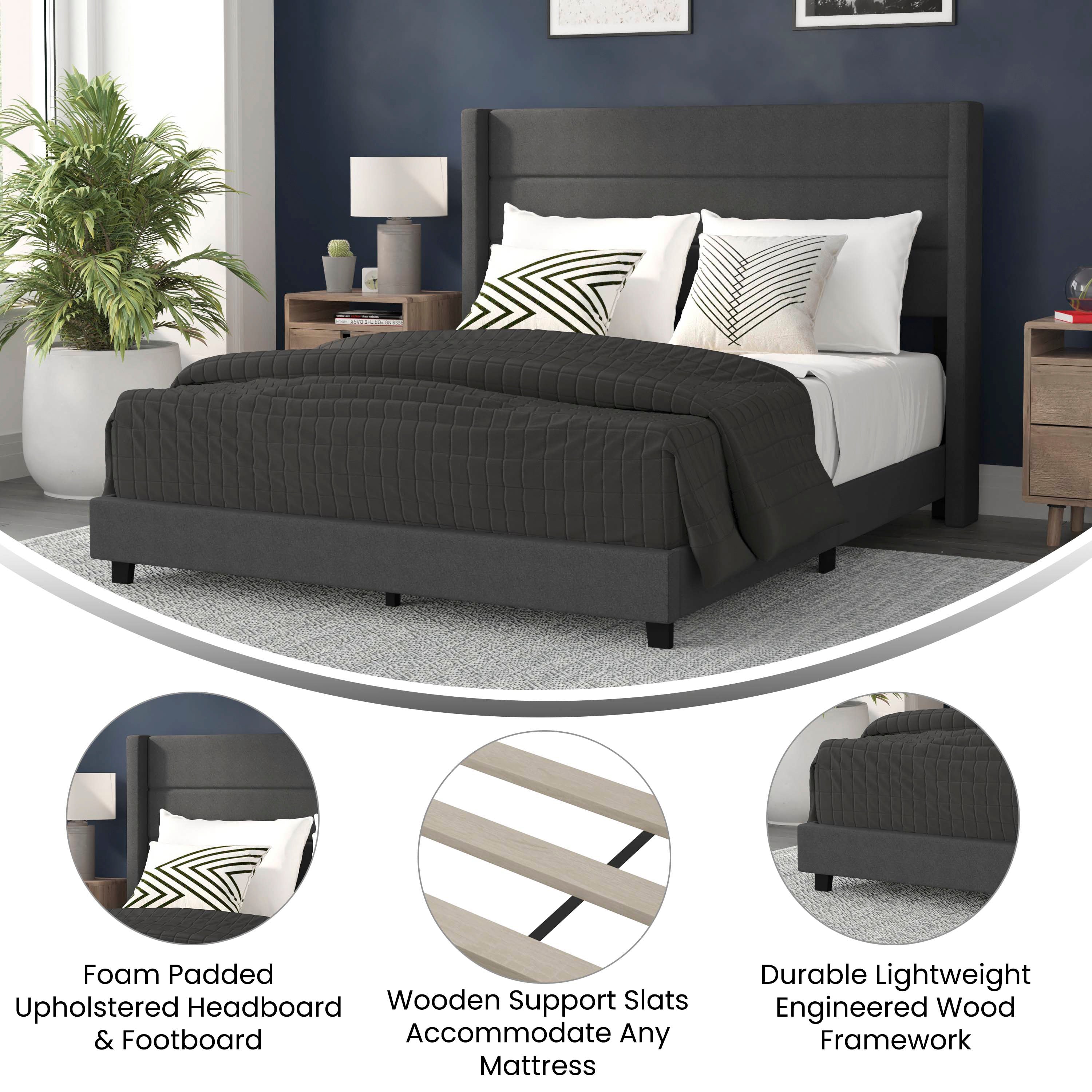 Hollis Queen Upholstered Platform Bed with Wingback Headboard, Mattress Foundation with Slatted Supports, No Box Spring Needed, Charcoal Faux Linen