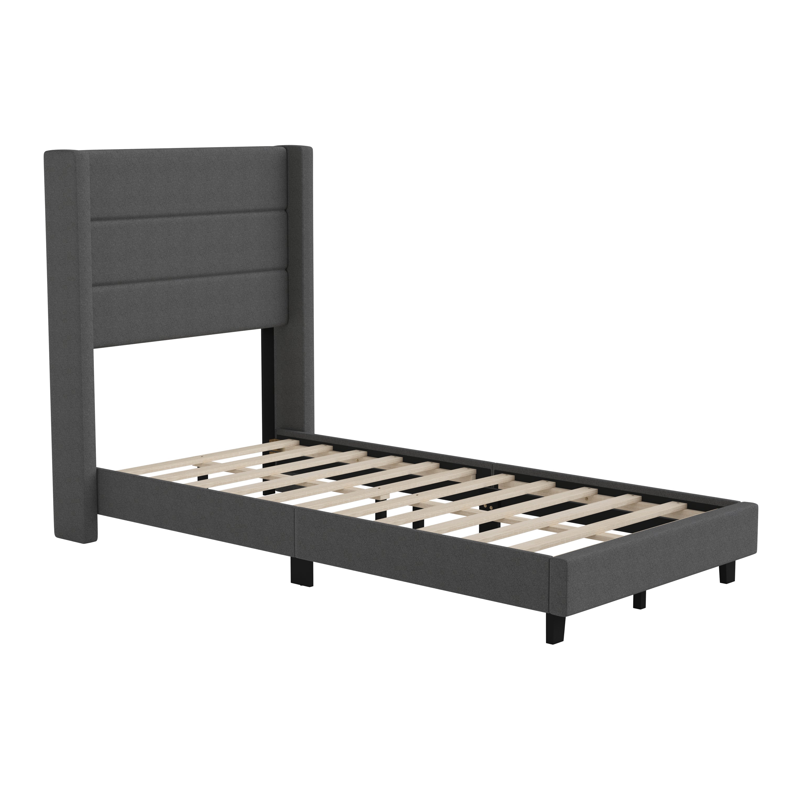 Hollis Twin Upholstered Platform Bed with Wingback Headboard, Mattress Foundation with Slatted Supports, No Box Spring Needed, Charcoal Faux Linen