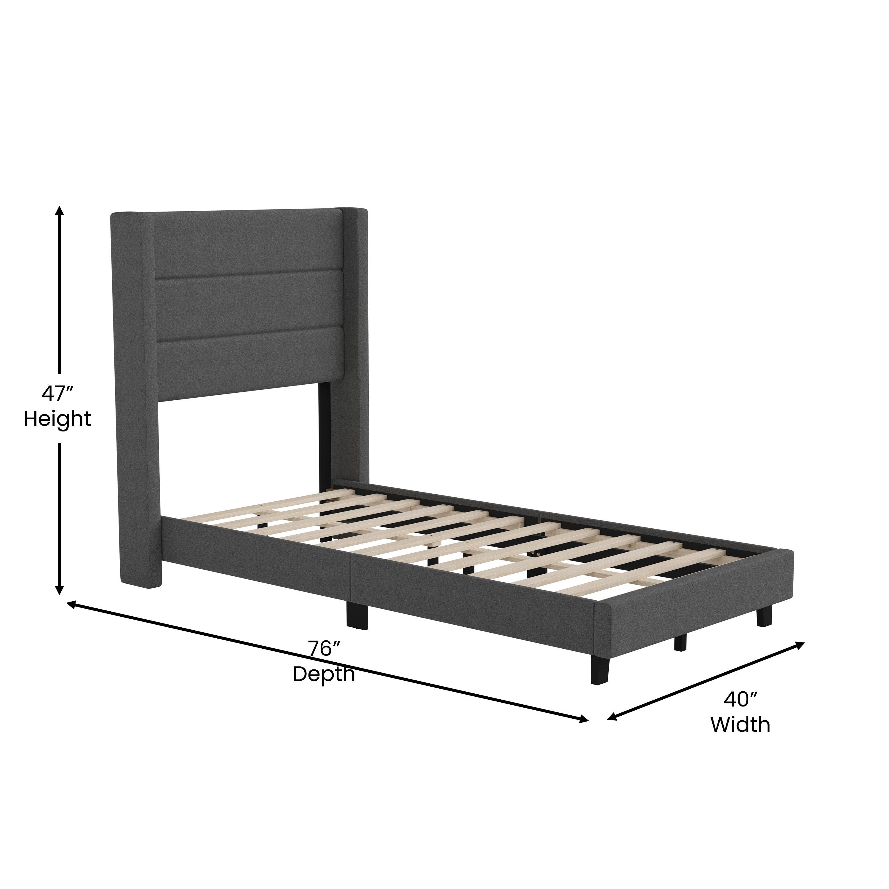 Hollis Twin Upholstered Platform Bed with Wingback Headboard, Mattress Foundation with Slatted Supports, No Box Spring Needed, Charcoal Faux Linen