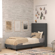 Hollis Twin Upholstered Platform Bed with Wingback Headboard, Mattress Foundation with Slatted Supports, No Box Spring Needed, Charcoal Faux Linen