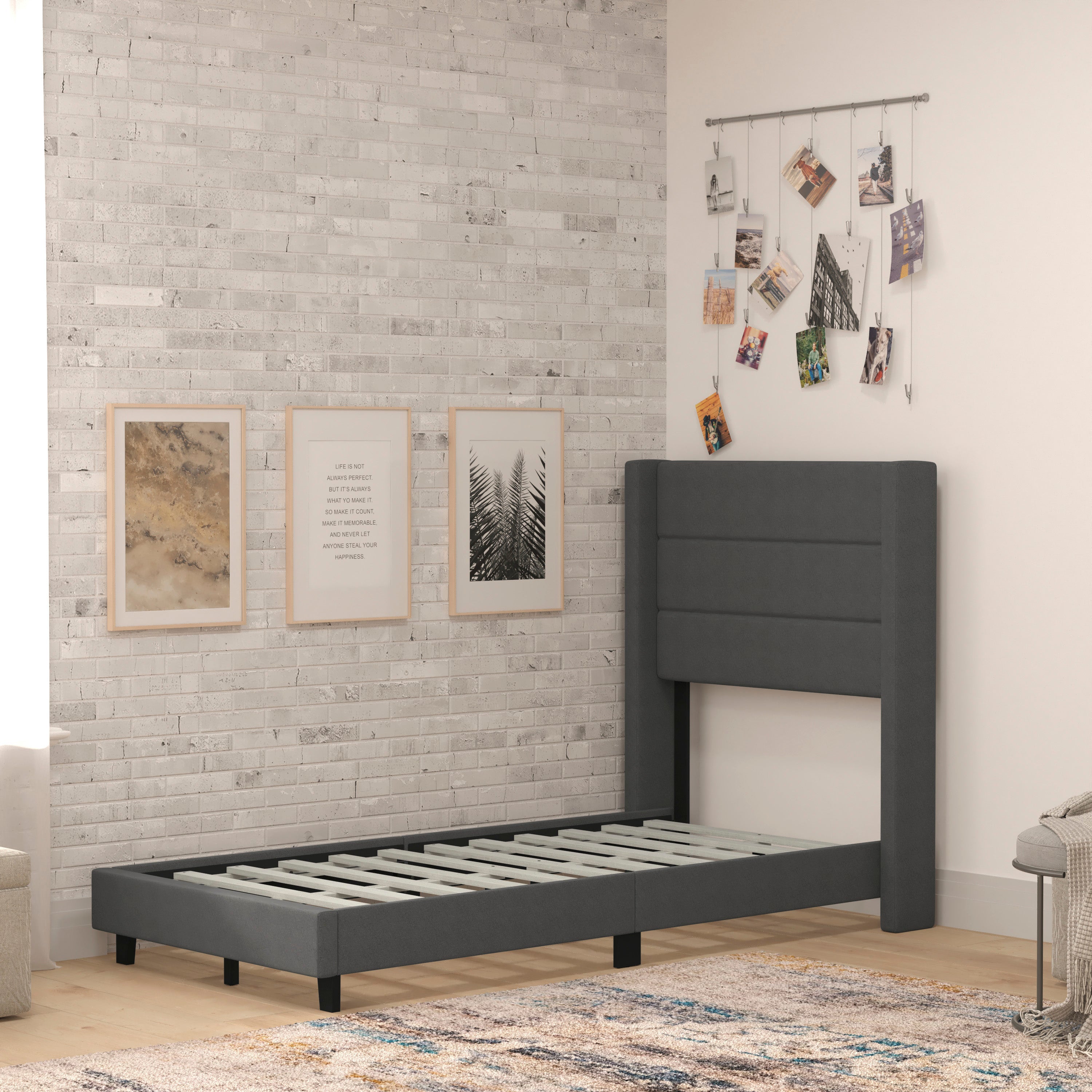 Hollis Twin Upholstered Platform Bed with Wingback Headboard, Mattress Foundation with Slatted Supports, No Box Spring Needed, Charcoal Faux Linen
