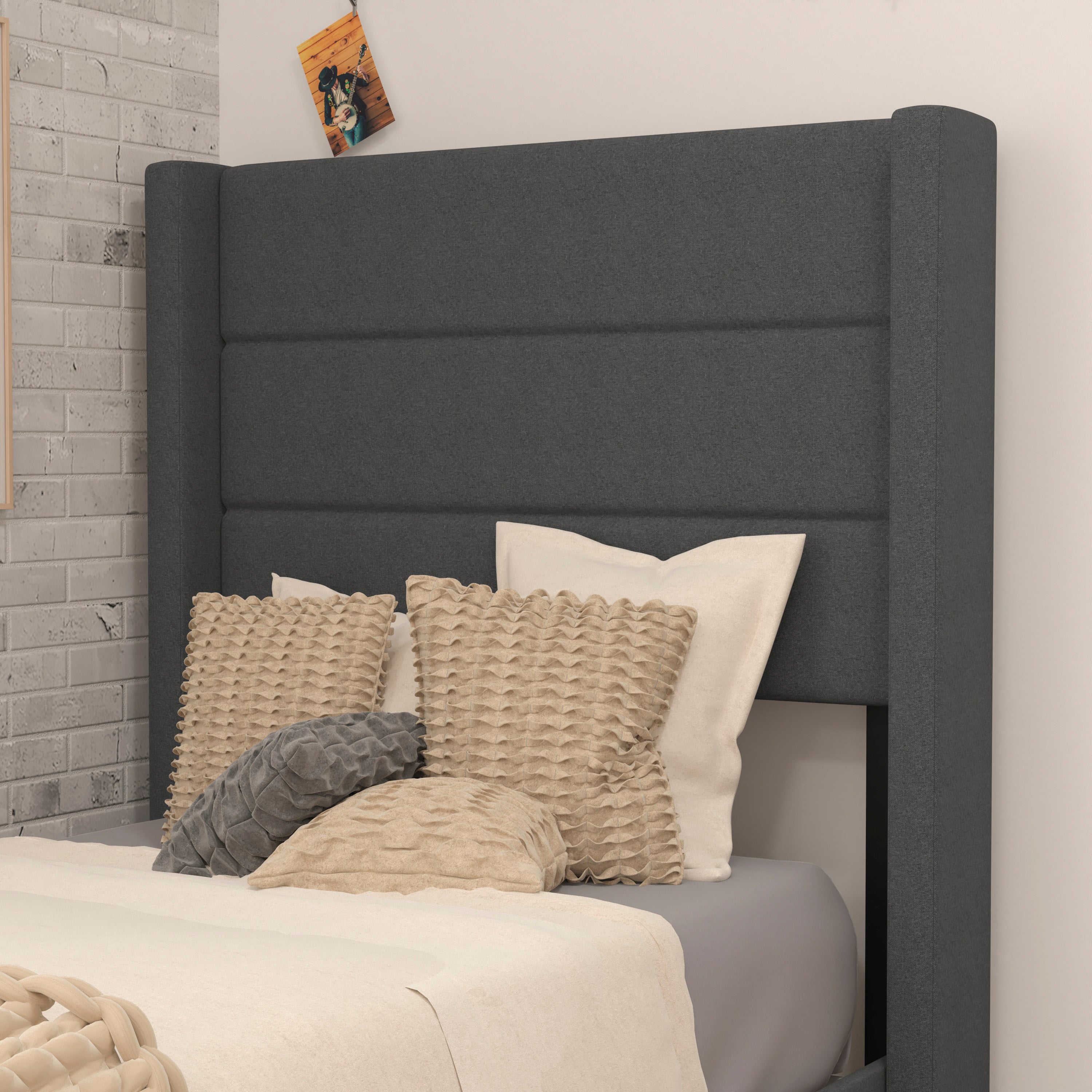 Hollis Twin Upholstered Platform Bed with Wingback Headboard, Mattress Foundation with Slatted Supports, No Box Spring Needed, Charcoal Faux Linen
