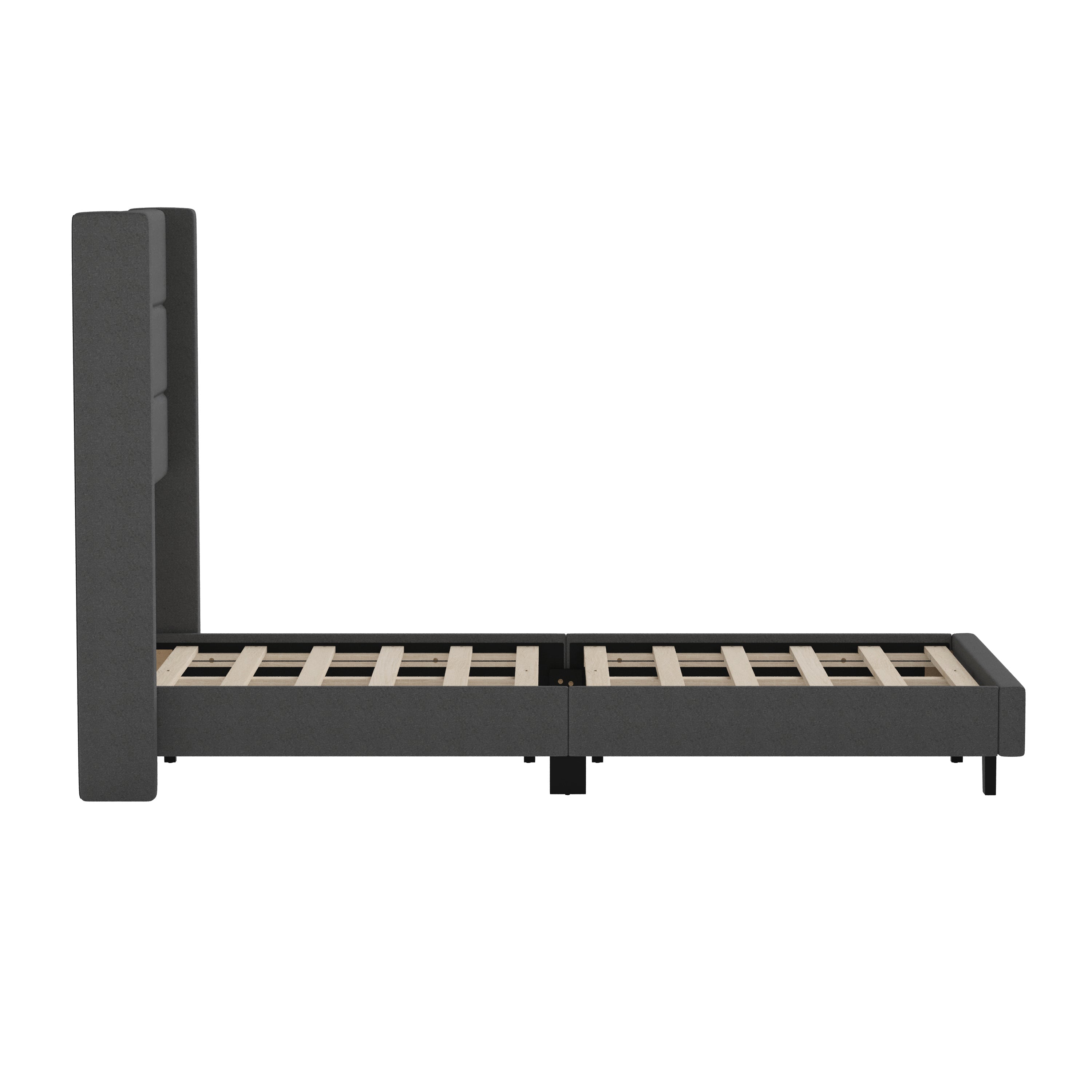 Hollis Twin Upholstered Platform Bed with Wingback Headboard, Mattress Foundation with Slatted Supports, No Box Spring Needed, Charcoal Faux Linen