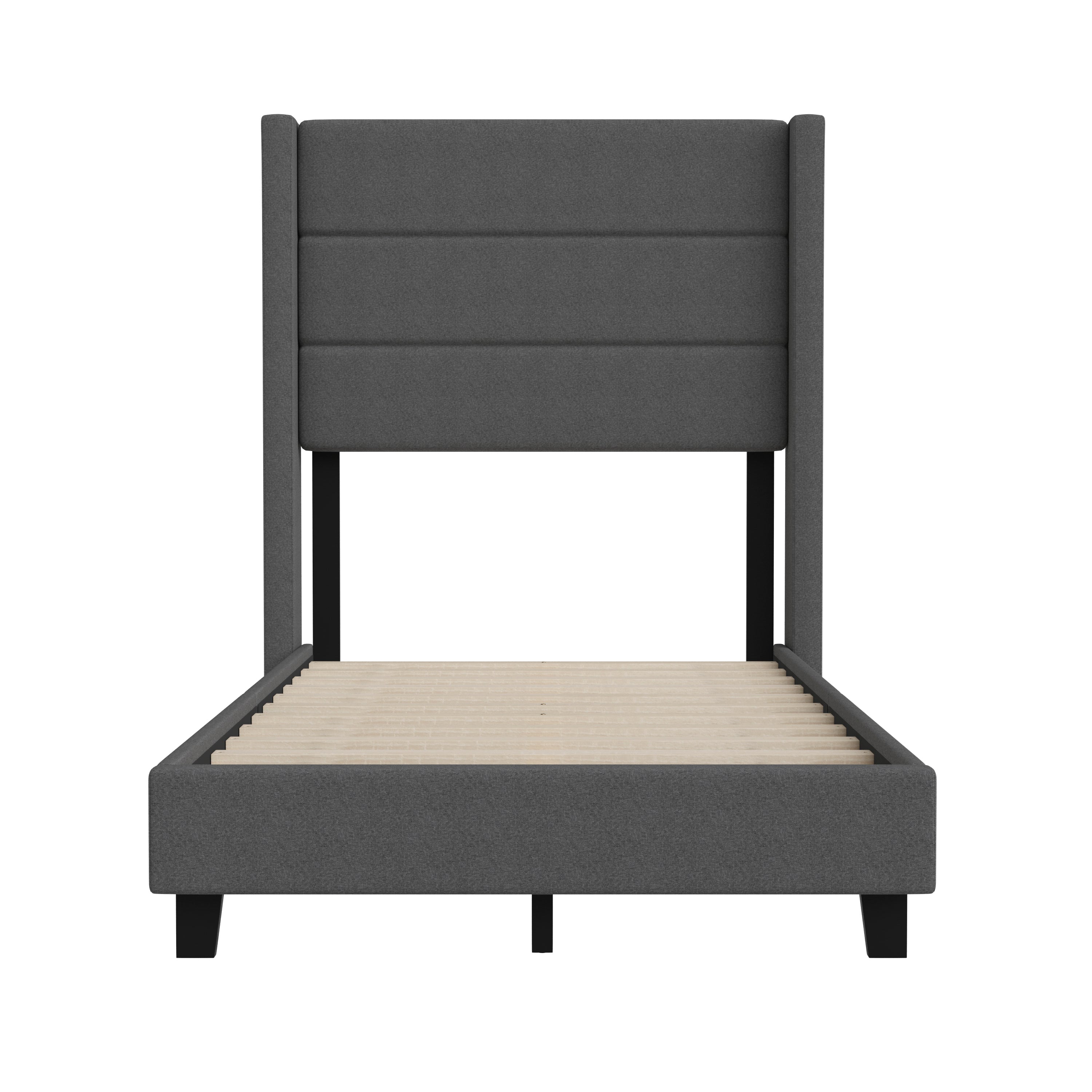 Hollis Twin Upholstered Platform Bed with Wingback Headboard, Mattress Foundation with Slatted Supports, No Box Spring Needed, Charcoal Faux Linen