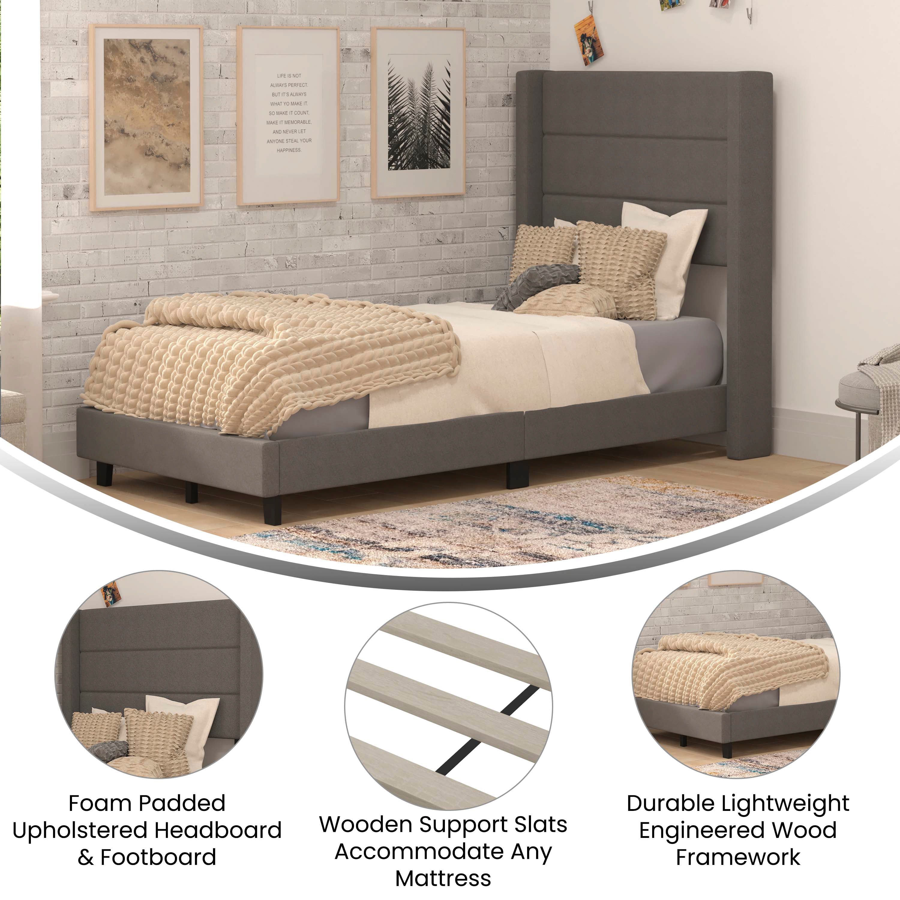 Hollis Twin Upholstered Platform Bed with Wingback Headboard, Mattress Foundation with Slatted Supports, No Box Spring Needed, Charcoal Faux Linen
