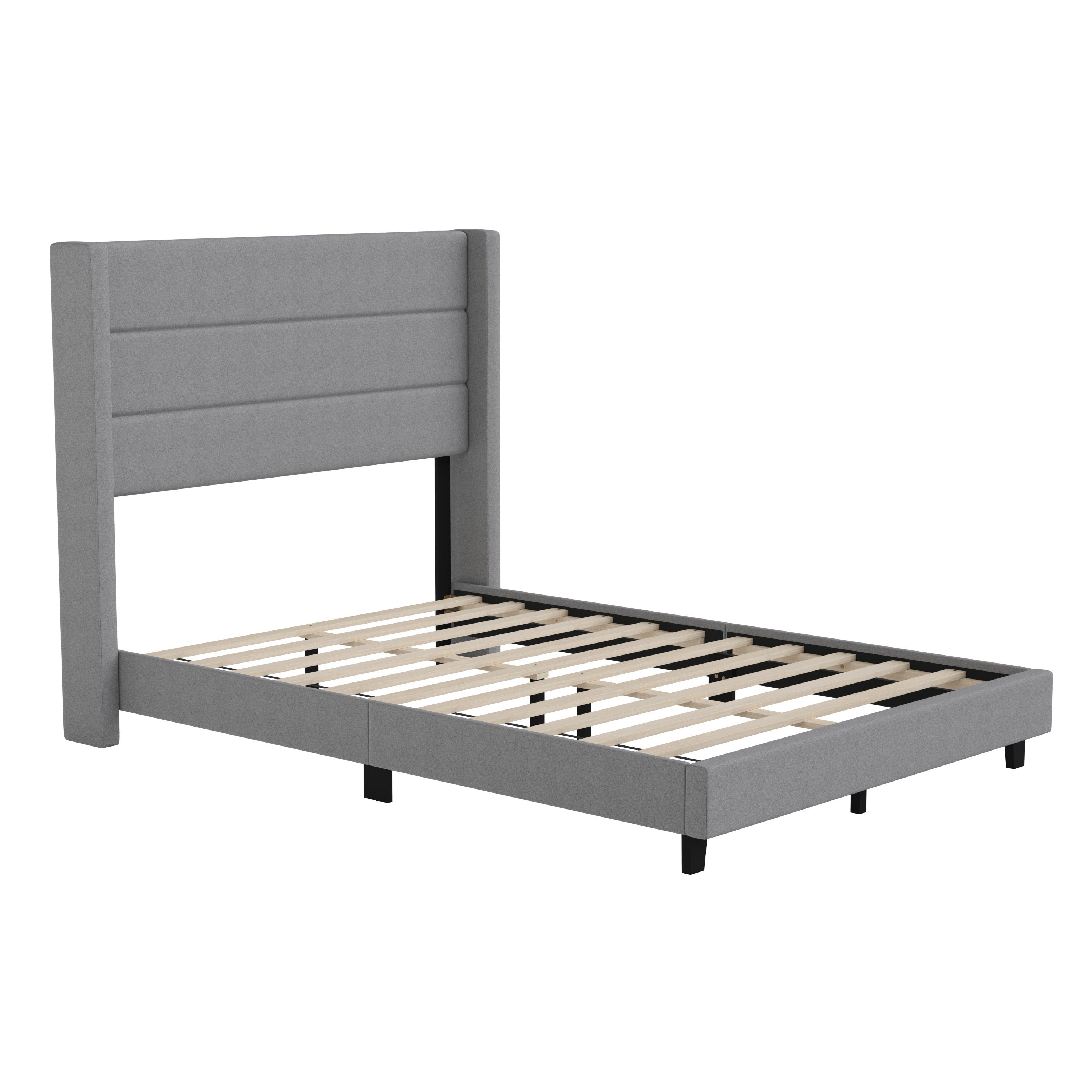 Hollis Full Upholstered Platform Bed with Wingback Headboard, Mattress Foundation with Slatted Supports, No Box Spring Needed, Gray Faux Linen