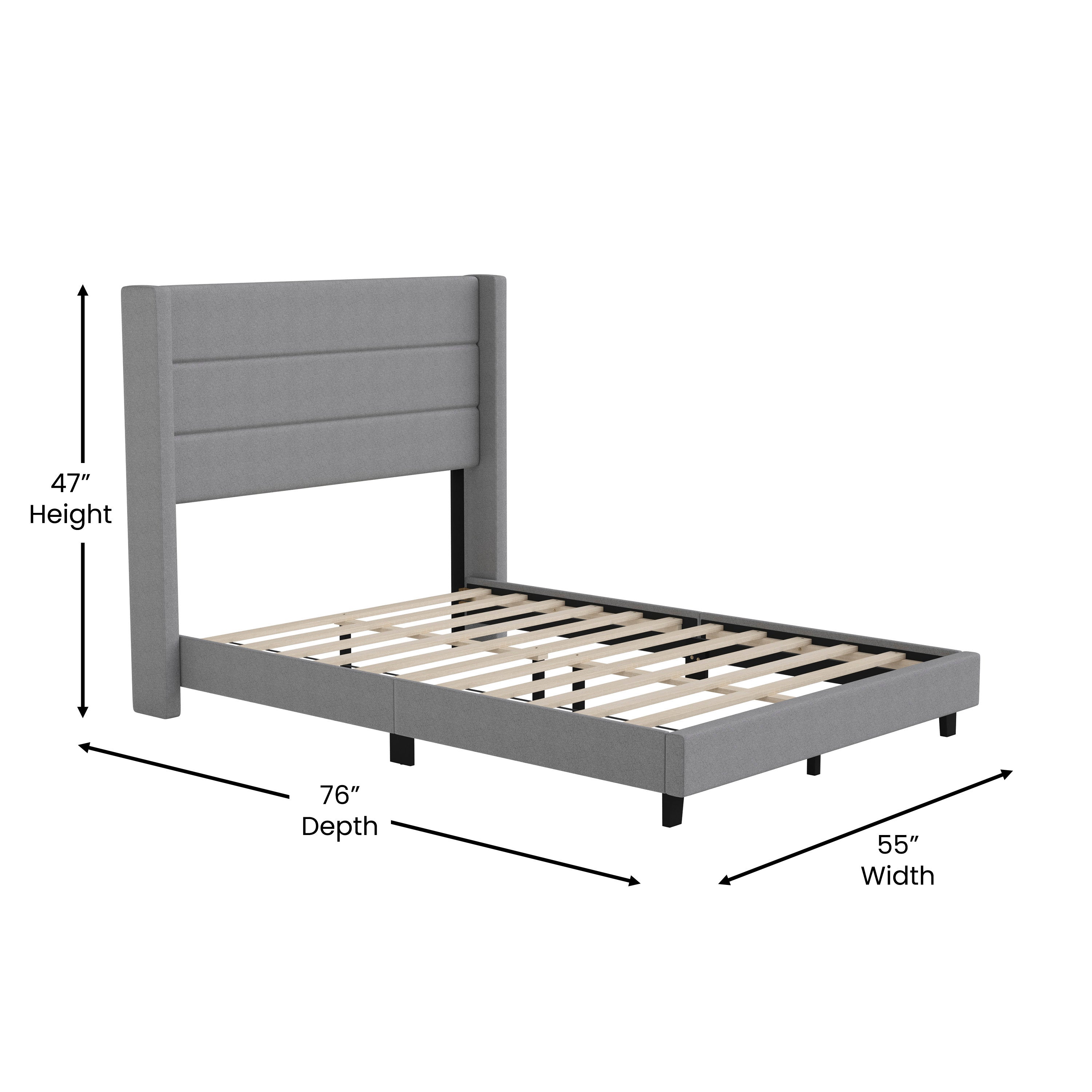 Hollis Full Upholstered Platform Bed with Wingback Headboard, Mattress Foundation with Slatted Supports, No Box Spring Needed, Gray Faux Linen